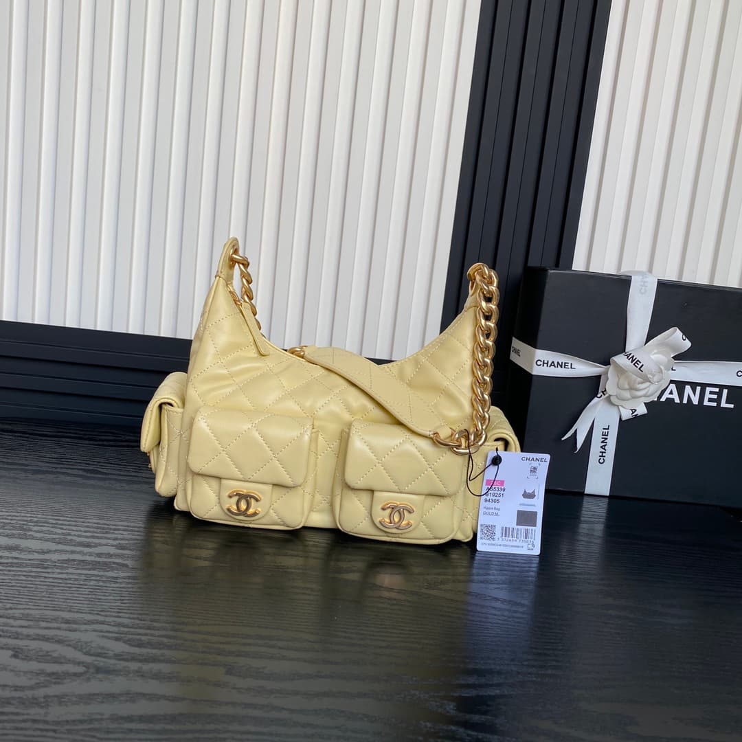 Chanel Trendy Pockets Hobo Bag Lambskin & Gold Metal Yellow AS5339 A