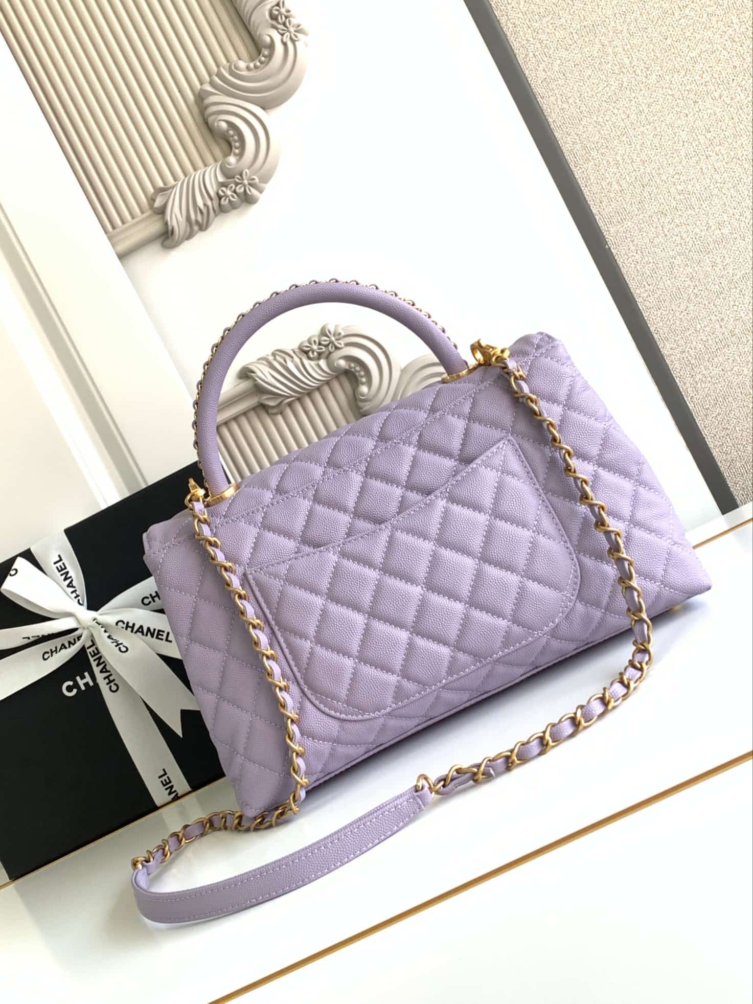 Medium FLAP BAG WITH TOP HANDLE Grained Calfskin A92991 Purple-binding Gold Metal A