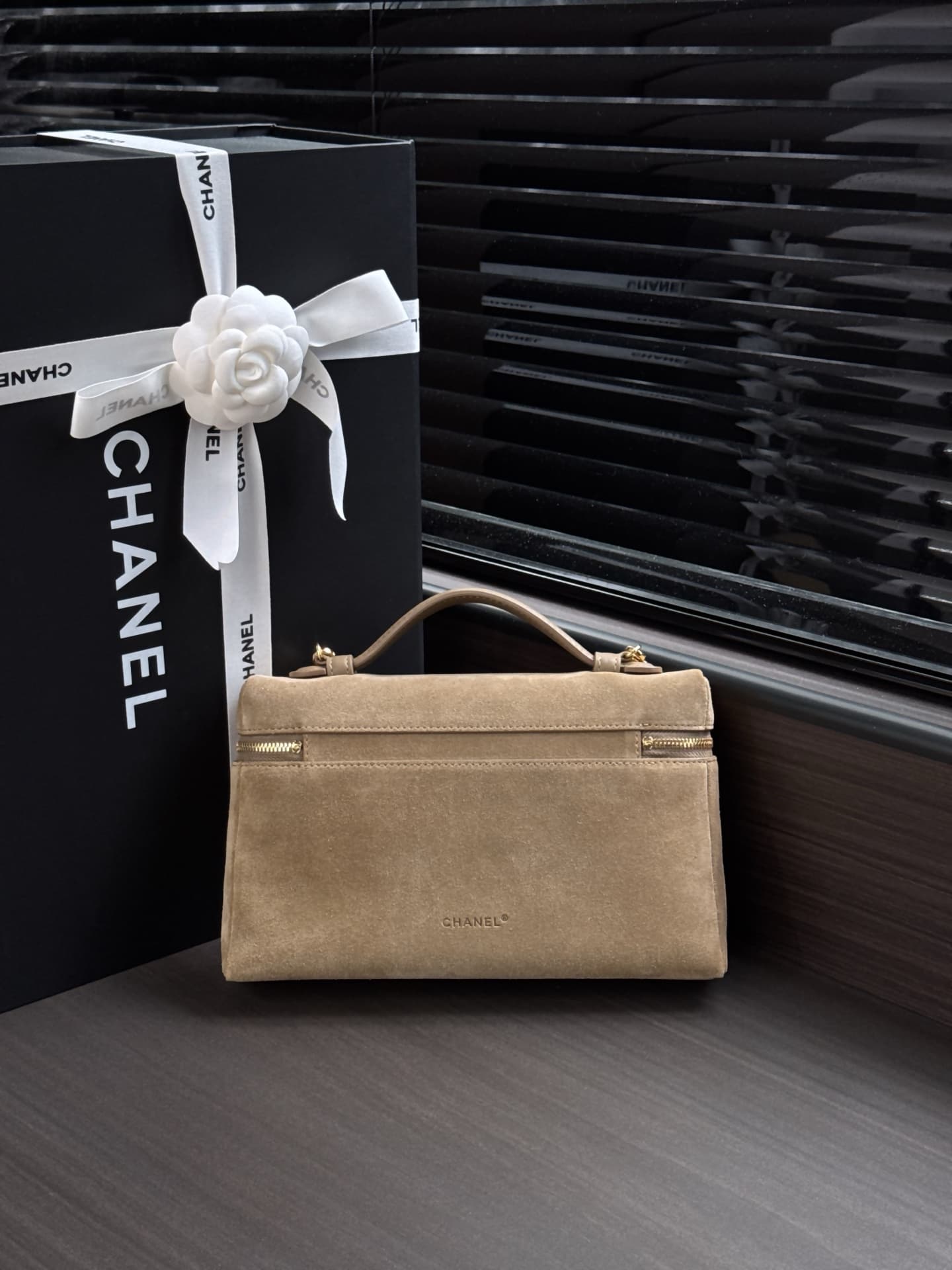 Chanel Large Vanity with Chain Suede Calfskin & Gold Metal Beige AP5347 A