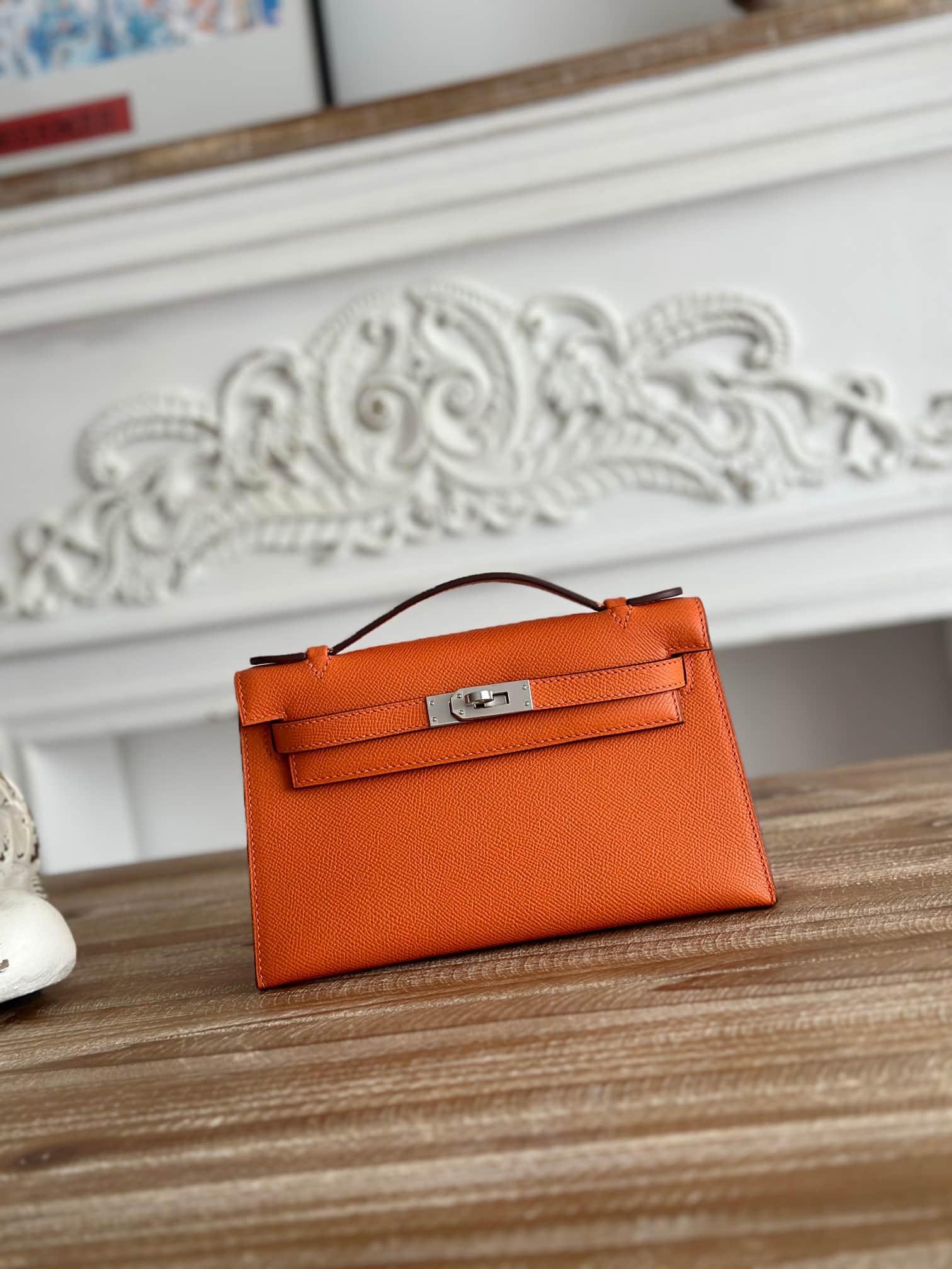 Hermes Kelly Pochette Bag Epsom Leather Silver/Gold Metal Orange WAX High