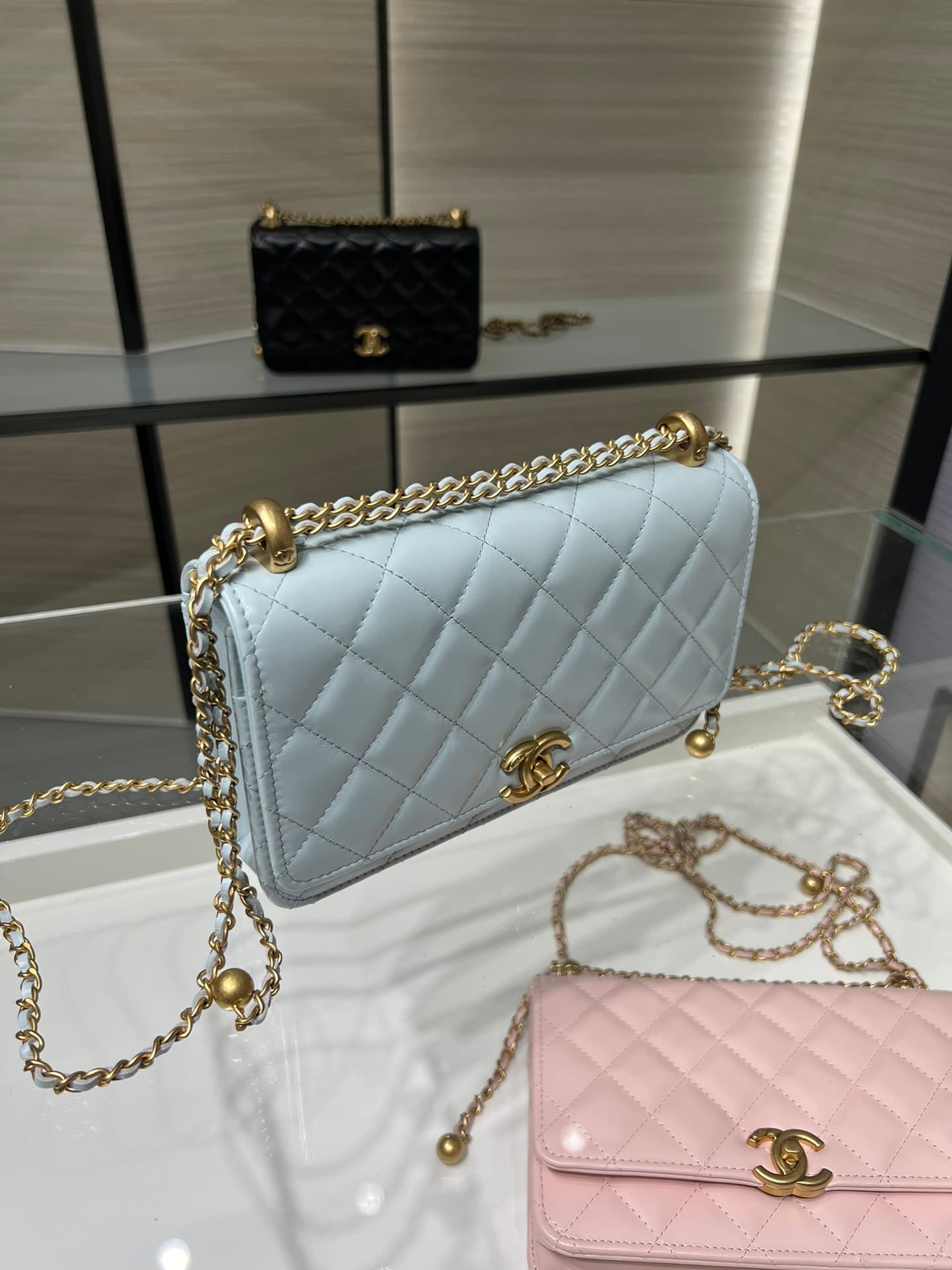 Chanel Wallet on Chain Shiny Calfskin & Gold-Tone Metal Light Blue AP2289 High