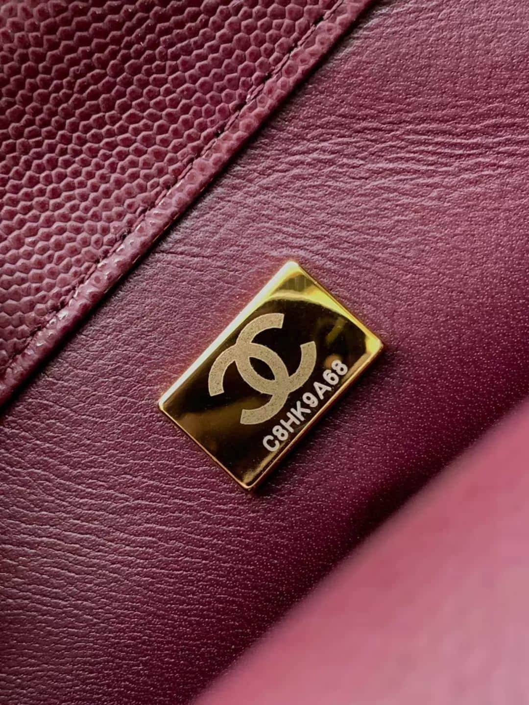 FLAP BAG WITH TOP HANDLE Grained Calfskin & Gold-Tone Metal A92990 Burgundy Binding A