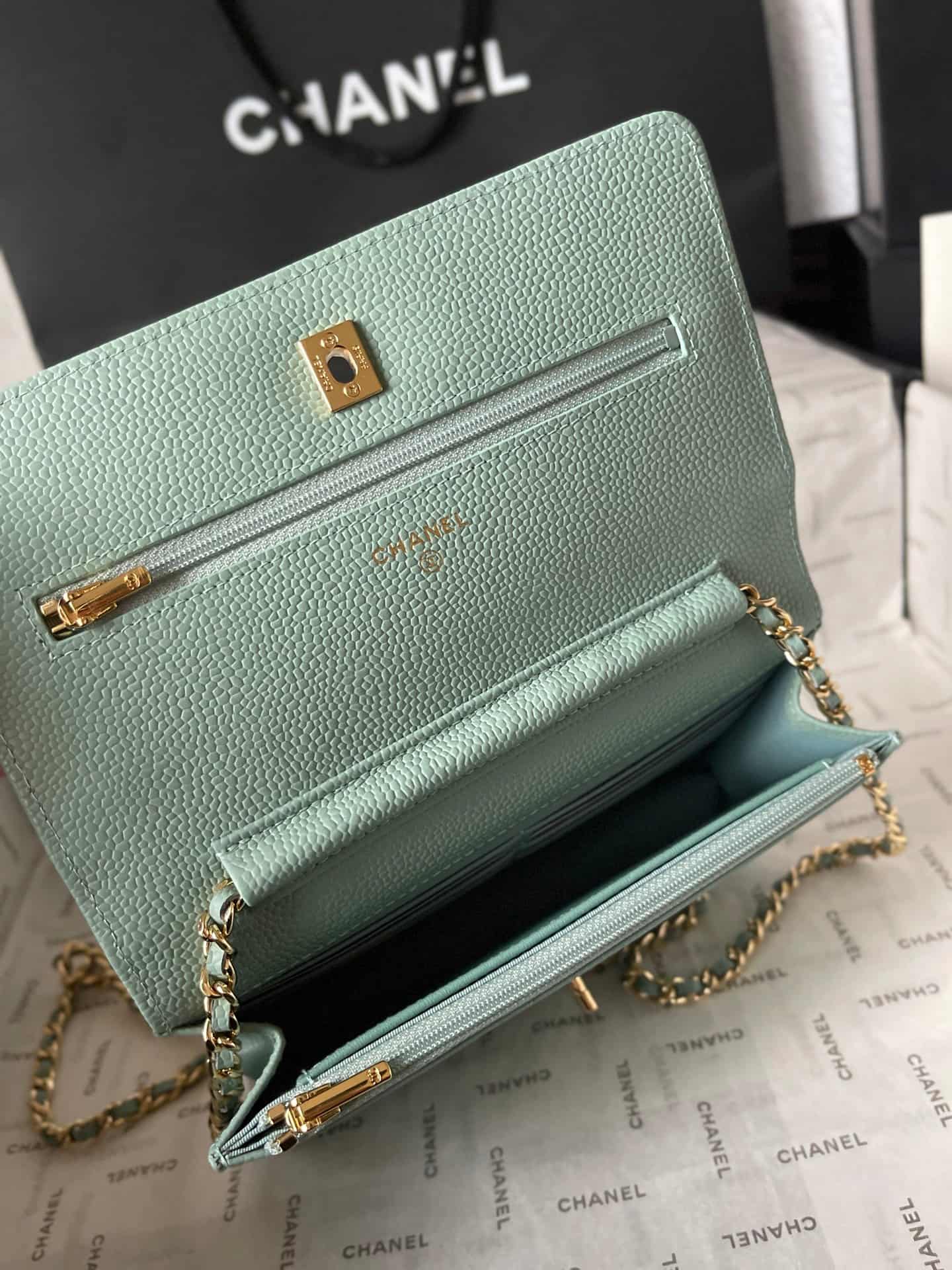 Chanel Classic Wallet on Chain Grained Shiny Calfskin & Gold-Tone Metal AP4241 Light Green A