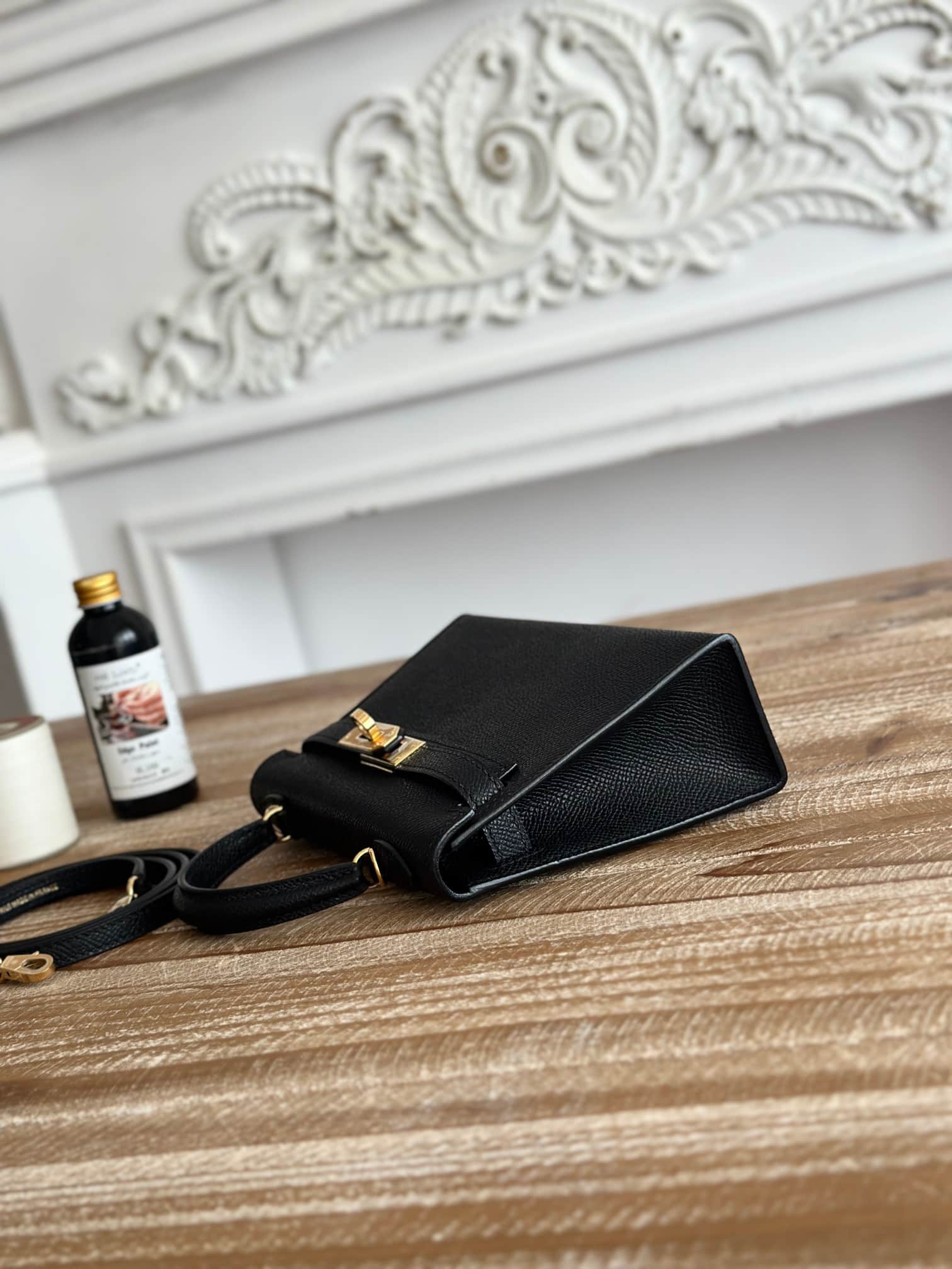Hermes Kelly Mini II Bag Epsom Leather WAX Silver/Gold Metal Black High