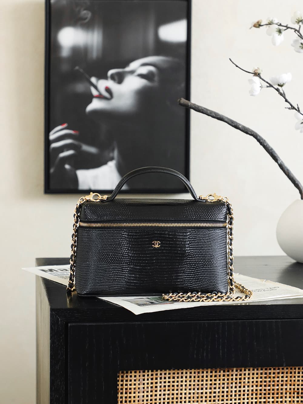 Chanel Small Vanity with chain Lizard Embossed Calfskin & Gold-Tone Metal Black AS5195 A