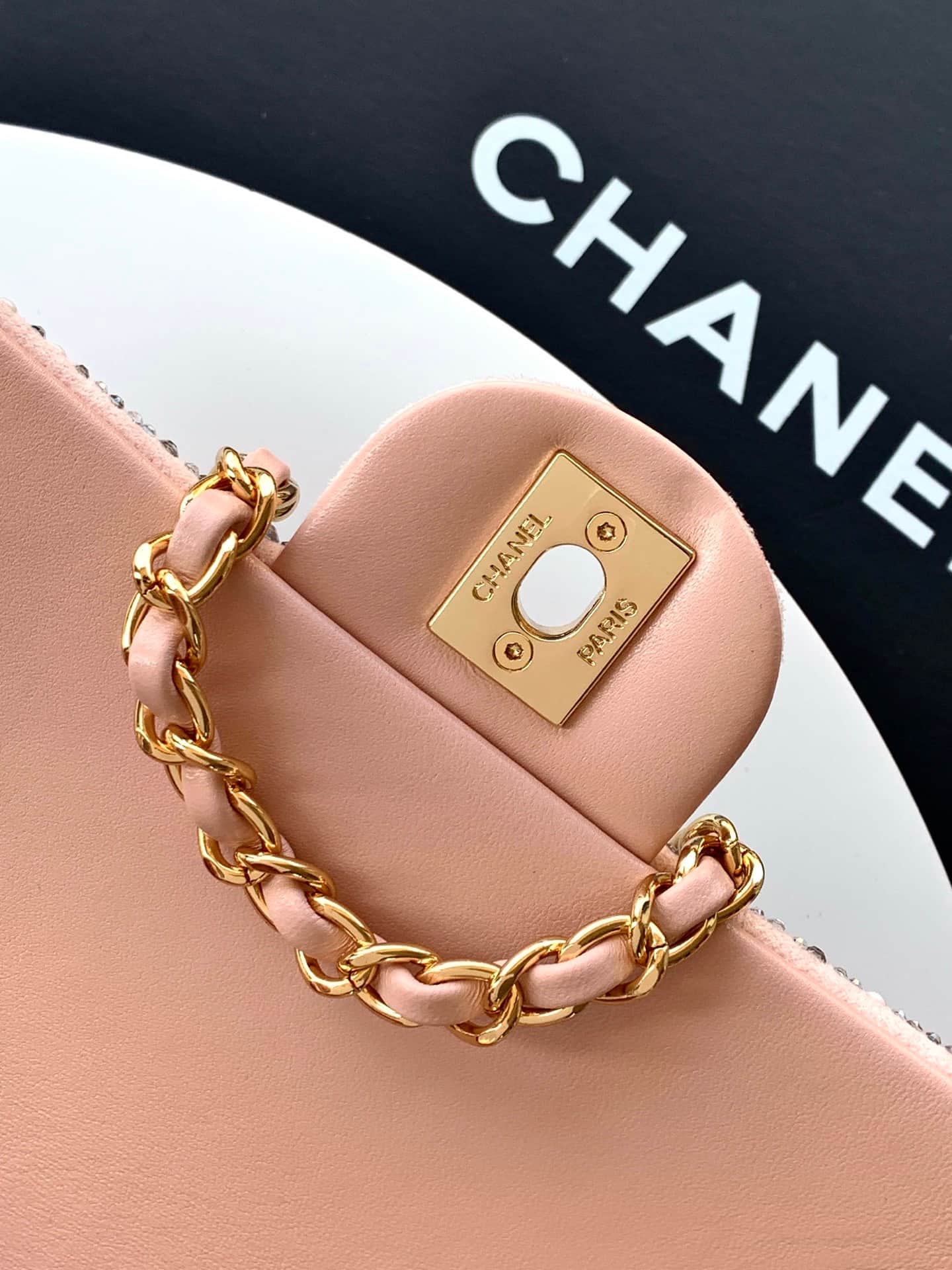 Chanel Classic Mini Flap Bag Strass Imitation Pearls & Gold-Tone Metal  Dark Pink 6171 A
