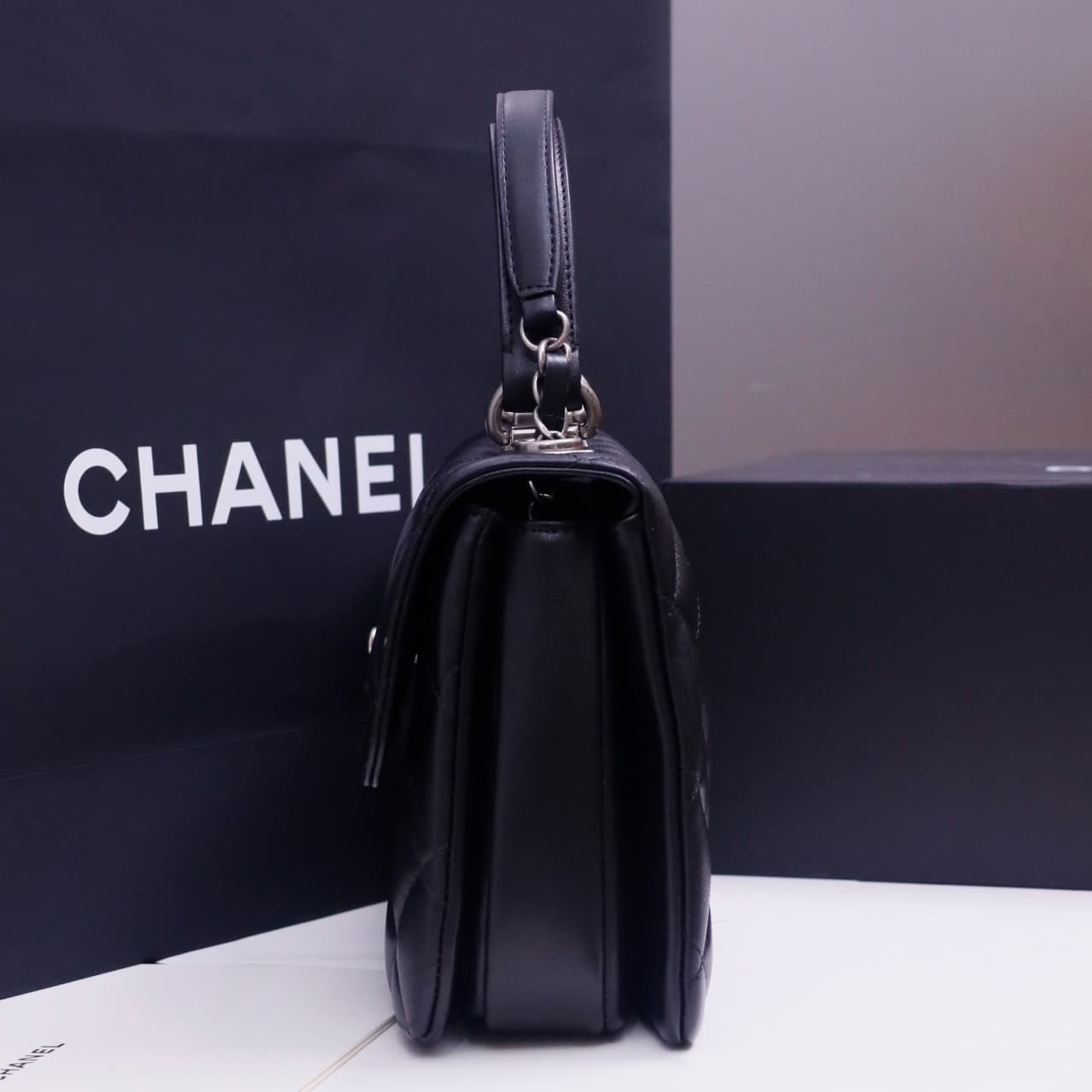 SMALL FLAP BAG WITH TOP HANDLE Lambskin Silver Metal Black A