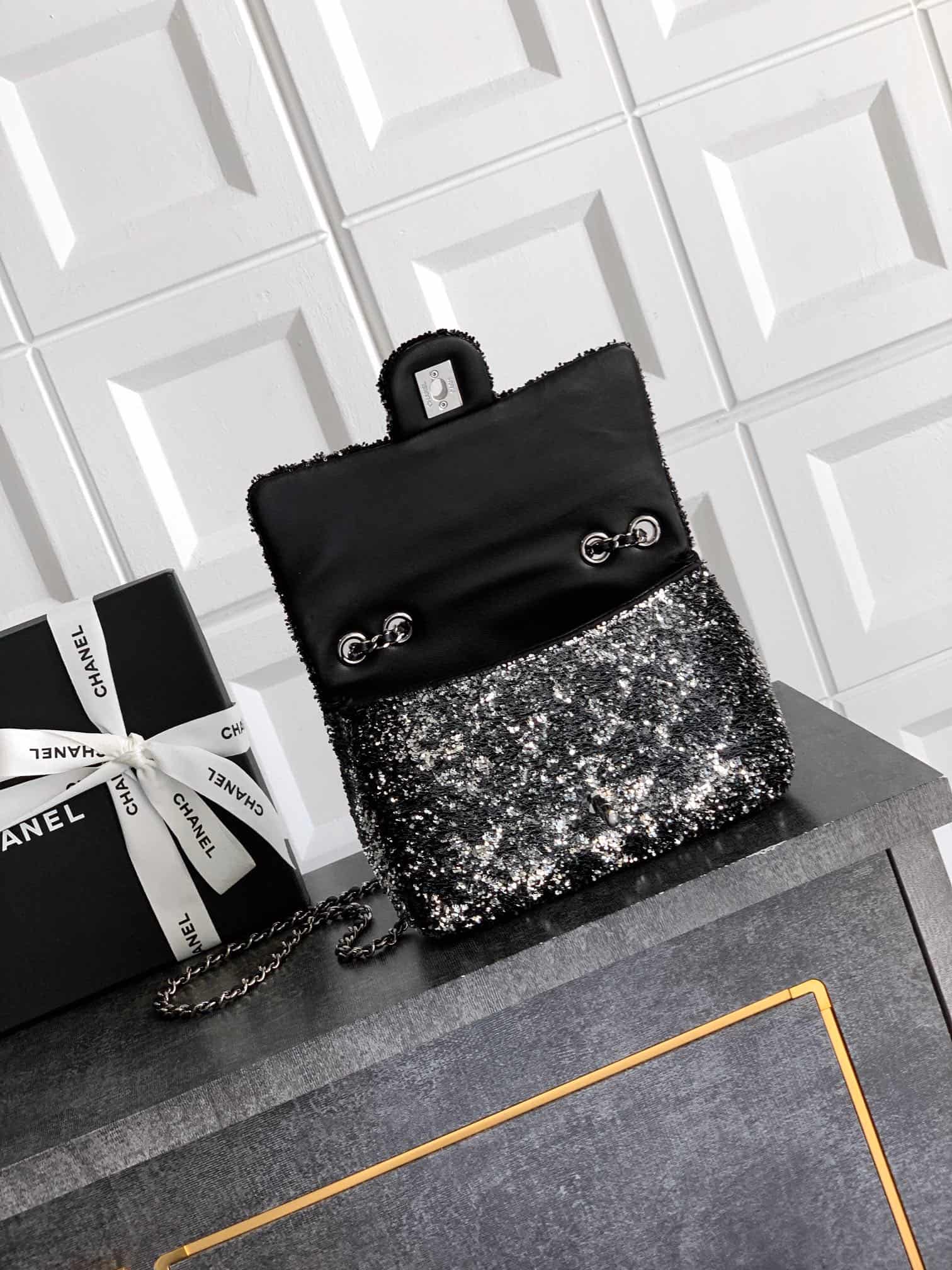 Chanel Classic Mini Flap Bag Sequin Embroidery & Silver-Tone Metal Black 6171 A
