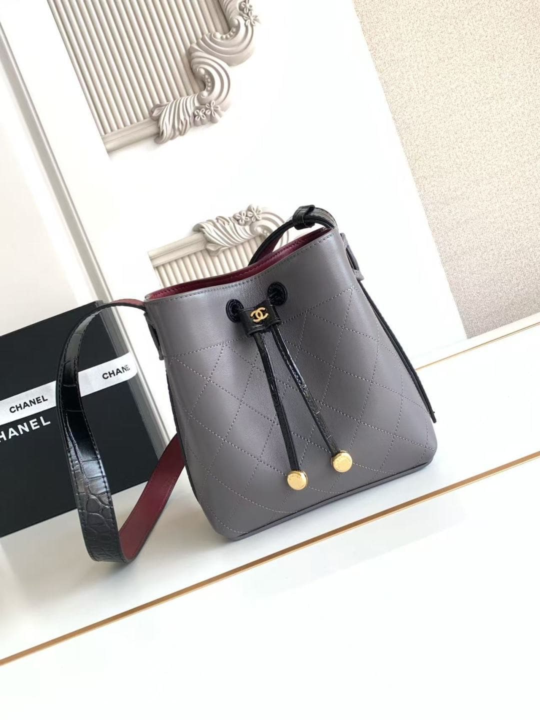 Chanel Small Bucket Bag Calfskin Leather & Gold-Tone Metal Grey AS6537 A