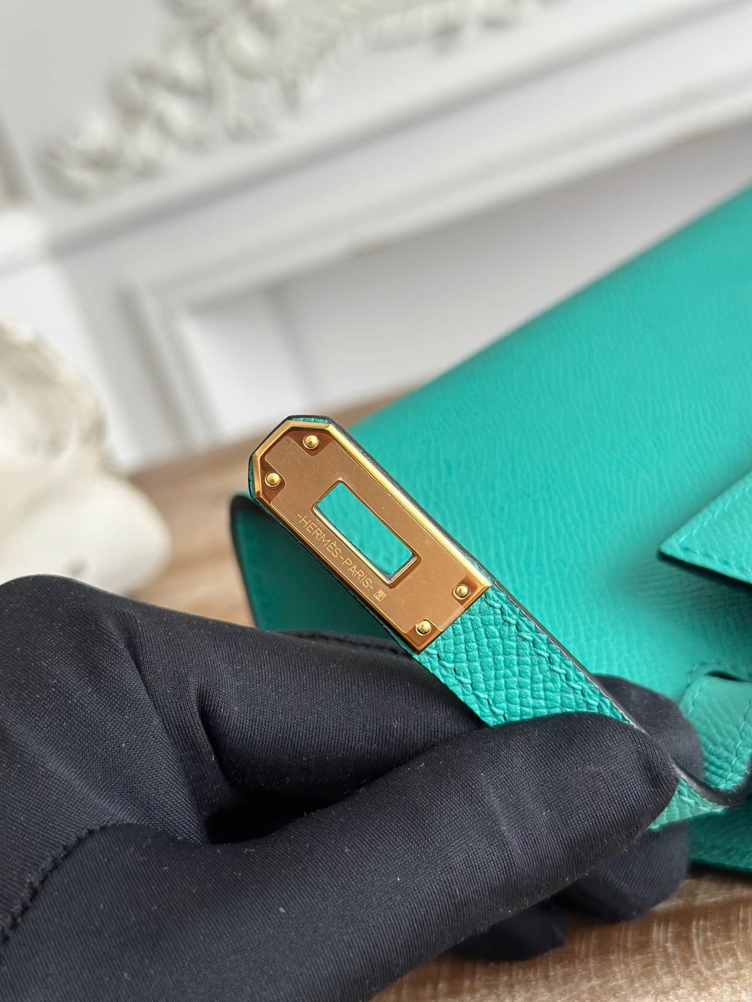 Hermes Kelly Pochette Bag Epsom Leather Silver/Gold Metal Malachite WAX High