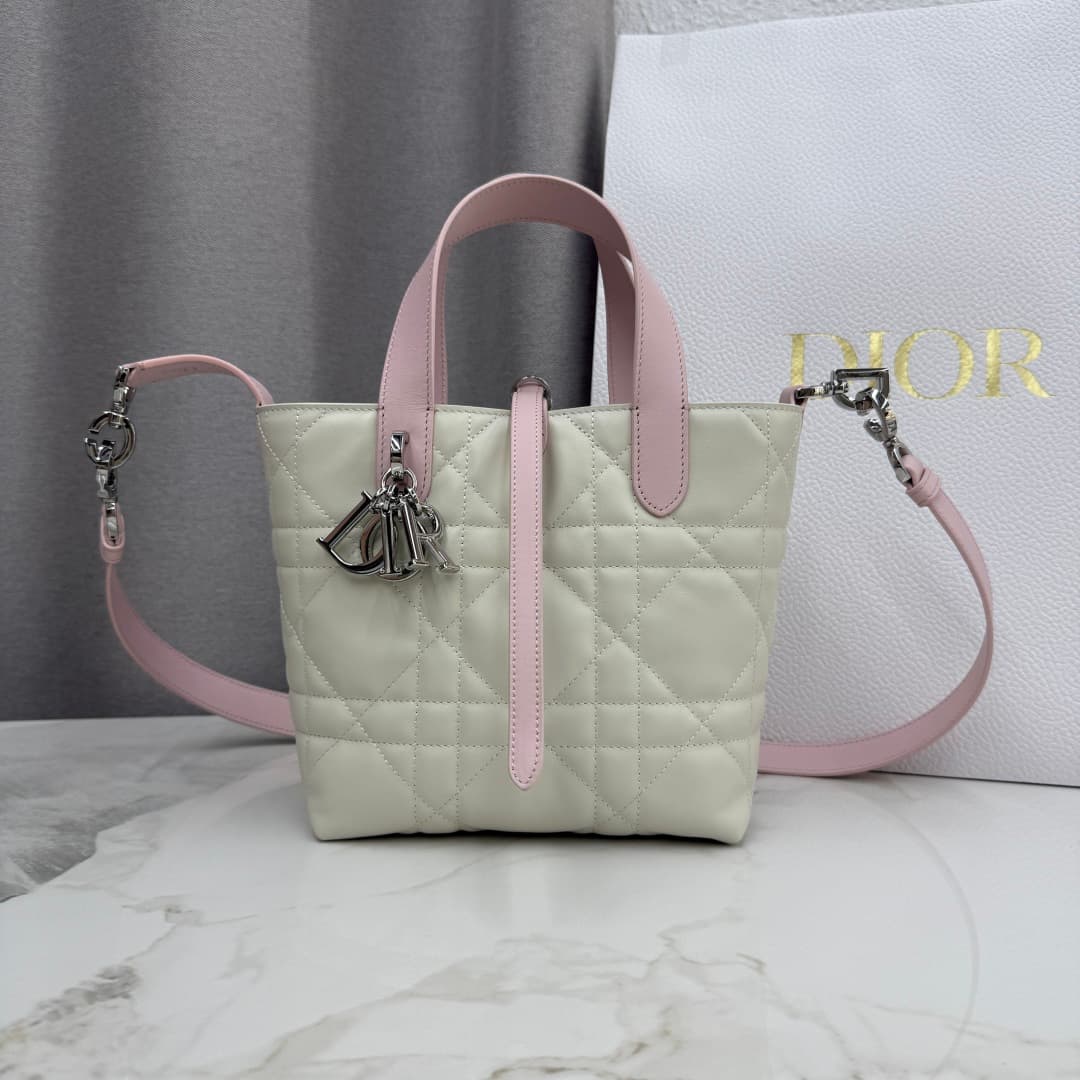 Small Dior Toujours Vertical Tote Bag Latte and Soupir Pink Macrocannage Calfskin  M2835 High