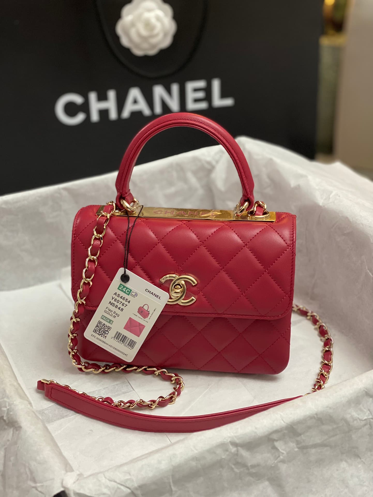 Chanel MINI FLAP BAG WITH TOP HANDLE AS4654 Lambskin &Gold-Tone Metal Red A