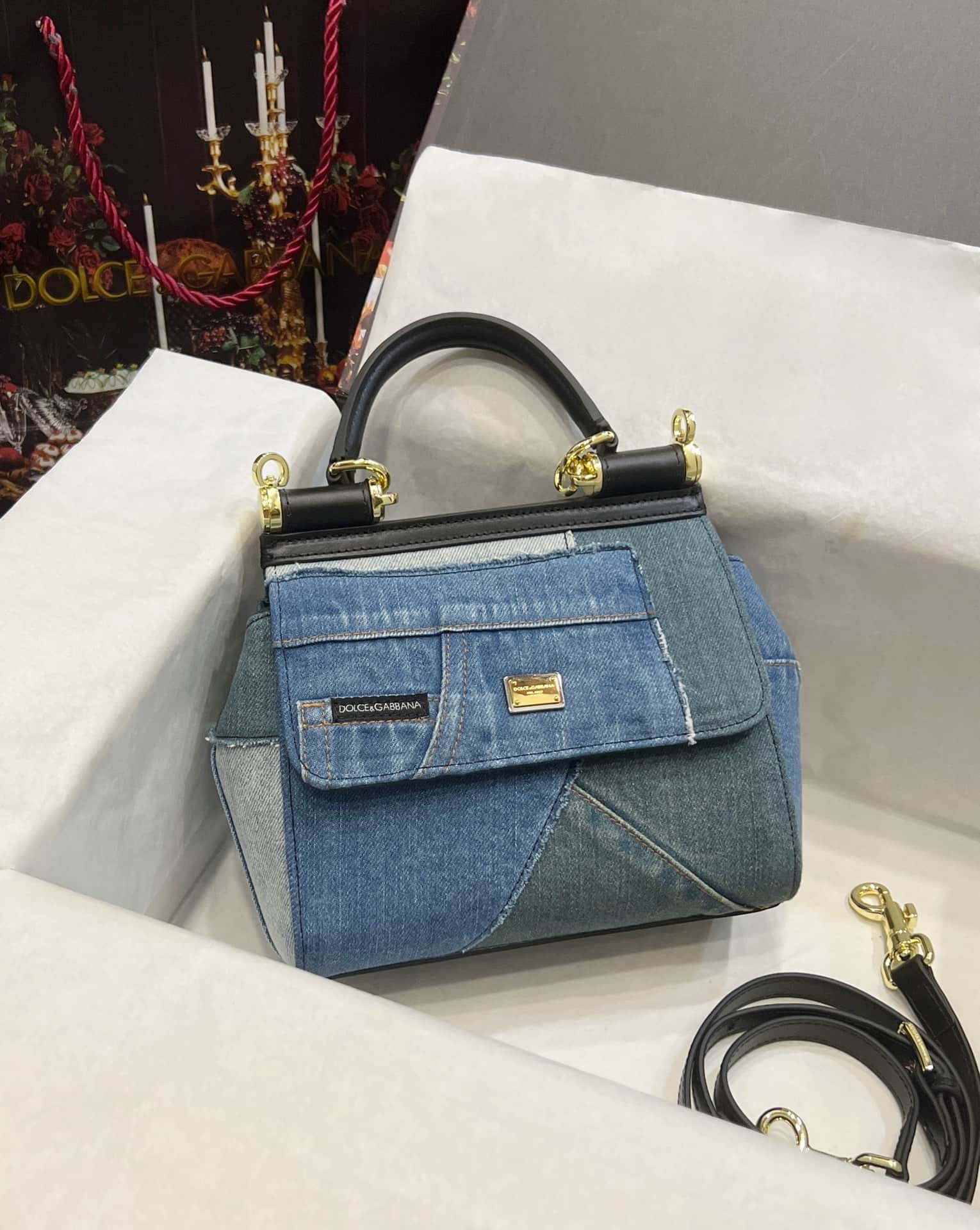 Dolce & Gabbana Small Sicily handbag in denim and calfskin high