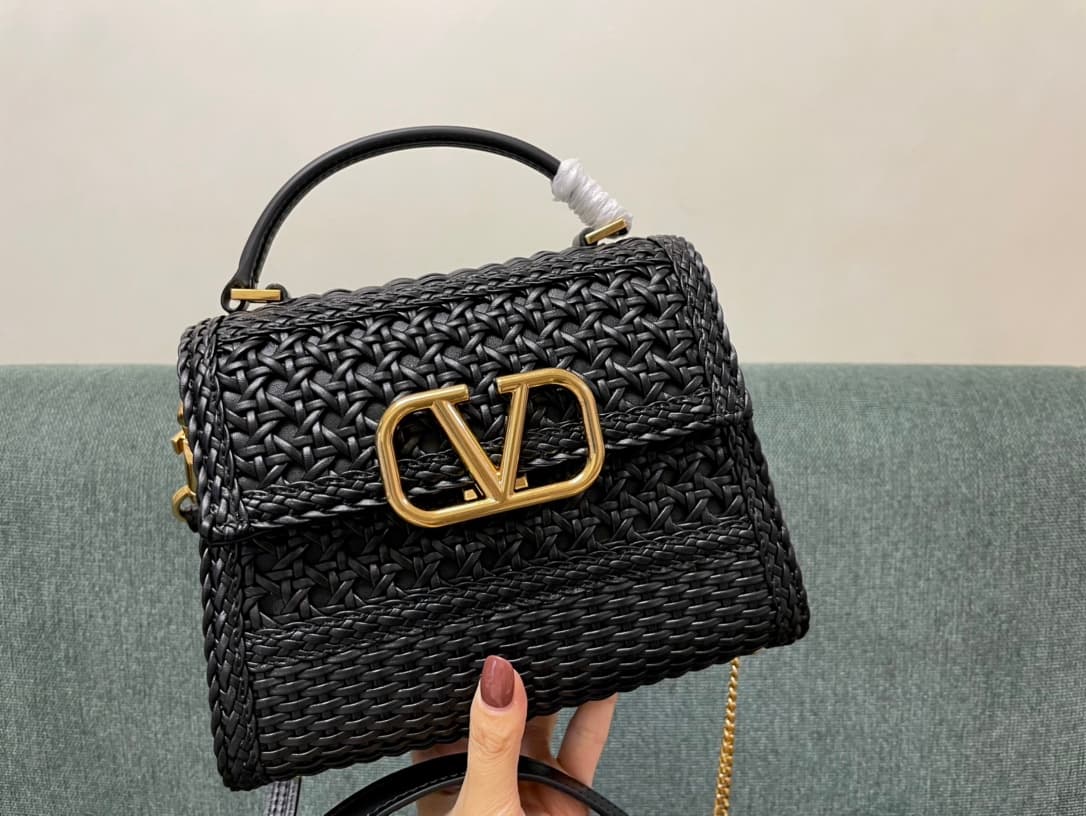 Valentino Garavani VSLING Mini Metallic Woven Top-Handle Bag Black High