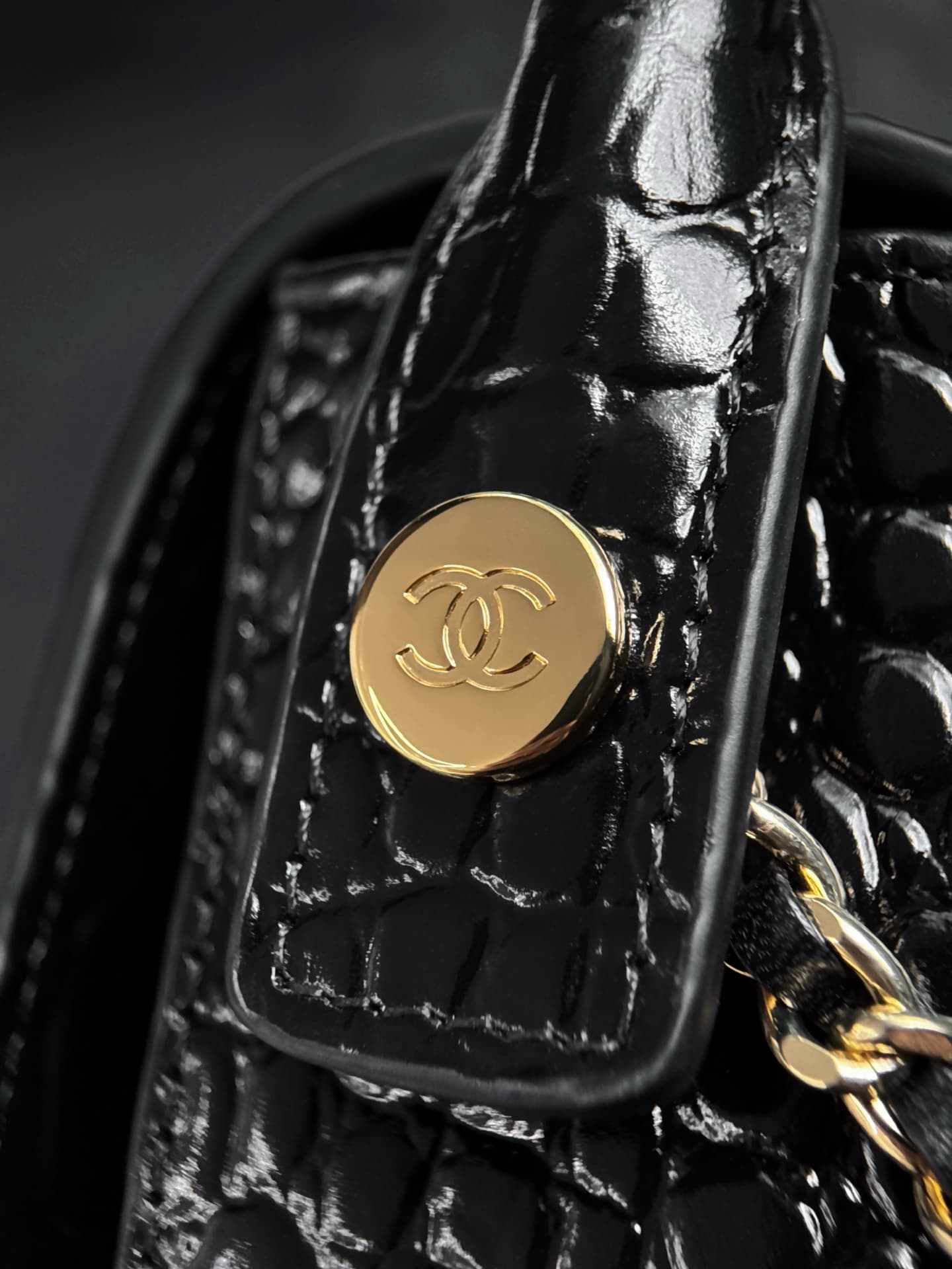 Chanel Mini Flap Bag with Top Handle Crocodile Embossed Calfskin & Gold-Tone Metal Black AS6424 A