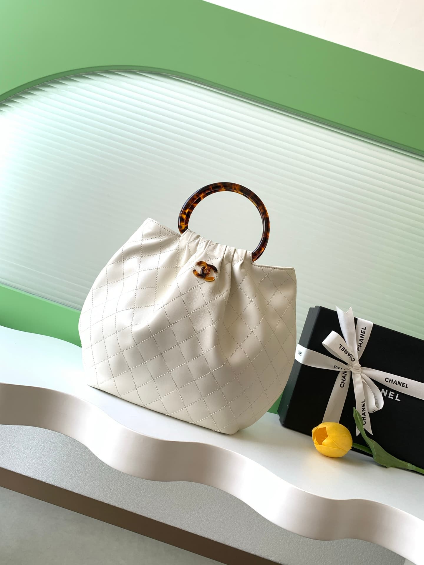 Chanel Medium Hobo Bag Lambskin-Shell Effect Plexi & Gold-Tone Metal White AS6010 High