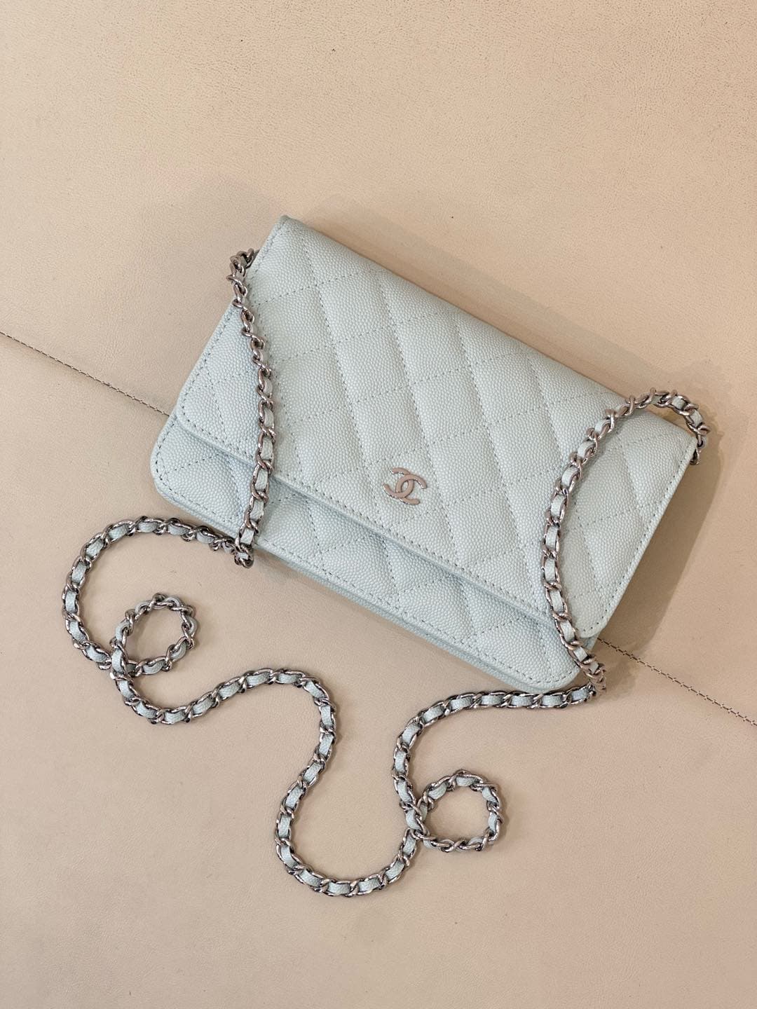 Chanel Wallet on Chain Grained Calfskin& Sliver-tone Metal AP0250 Light Blue TOP