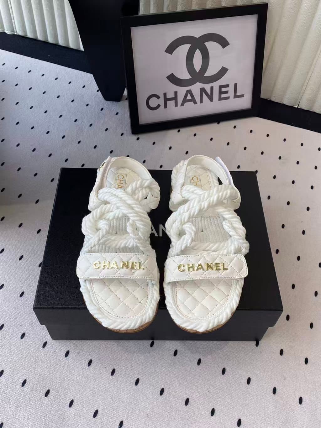 Chanel White Cord And Quilted Lambskin Sandals