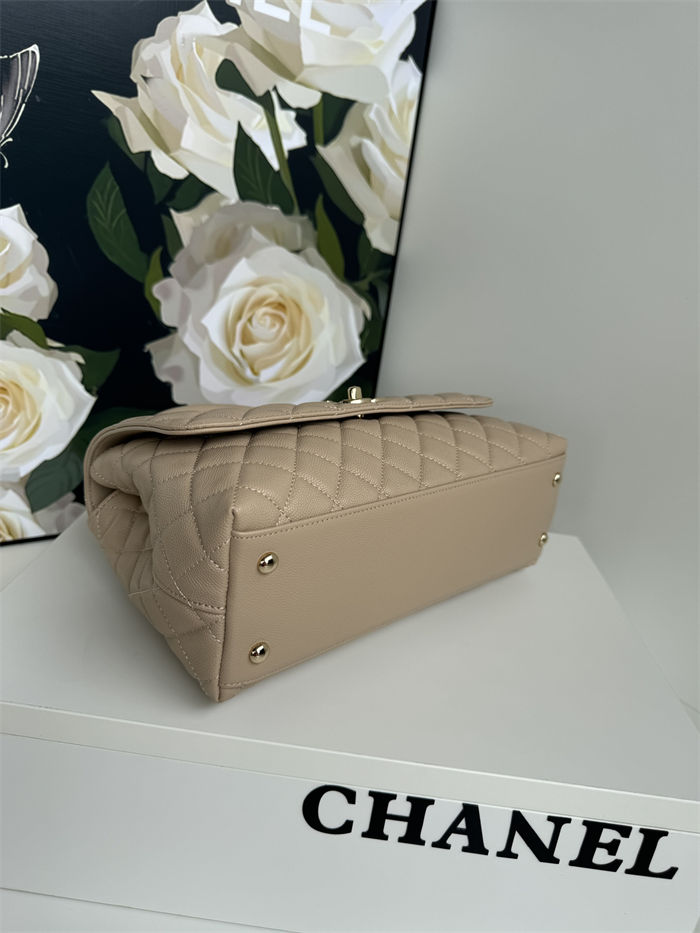 Medium FLAP BAG WITH TOP HANDLE Grained Calfskin Beige-binding Gold Metal High