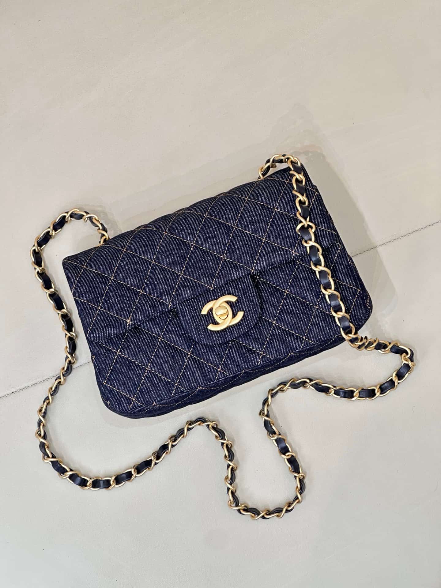 CHANEL Mini Classic Handbag Denim &Gold-tone Metal A69900 Dark Blue TOP