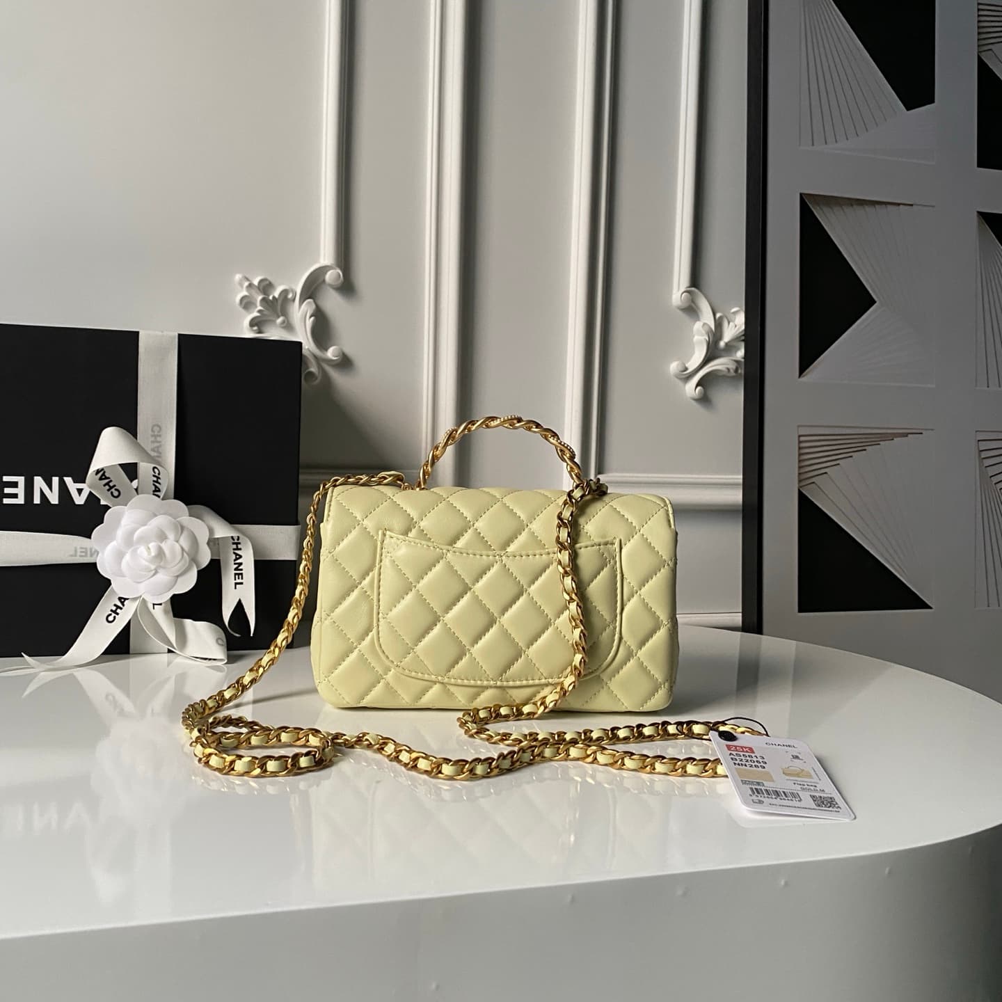 Chanel Mini Flap Bag with Top Handle Lambskin& Gold-tone Metal Light Yellow AS5814 A