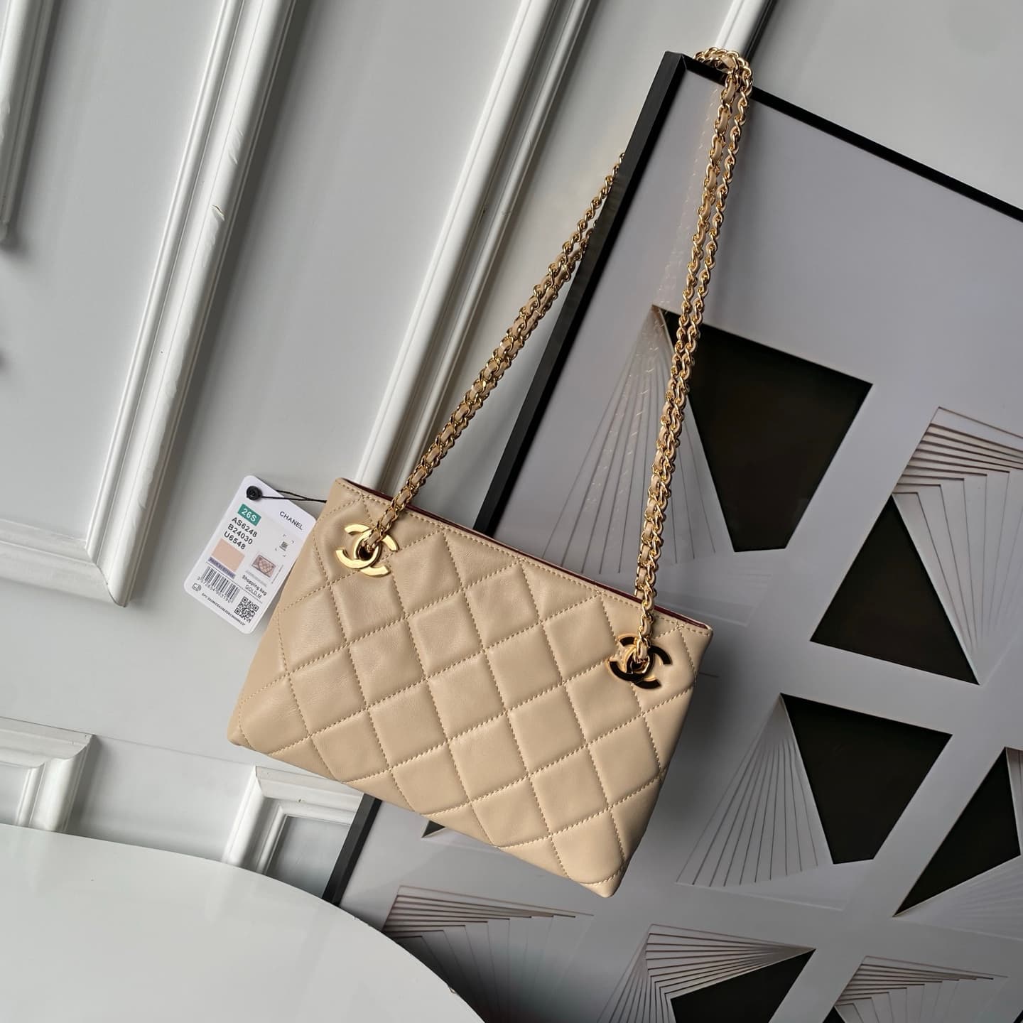 Chanel Small Shopping Bag Lambskin & Gold-Tone Metal AS6248 Beige High