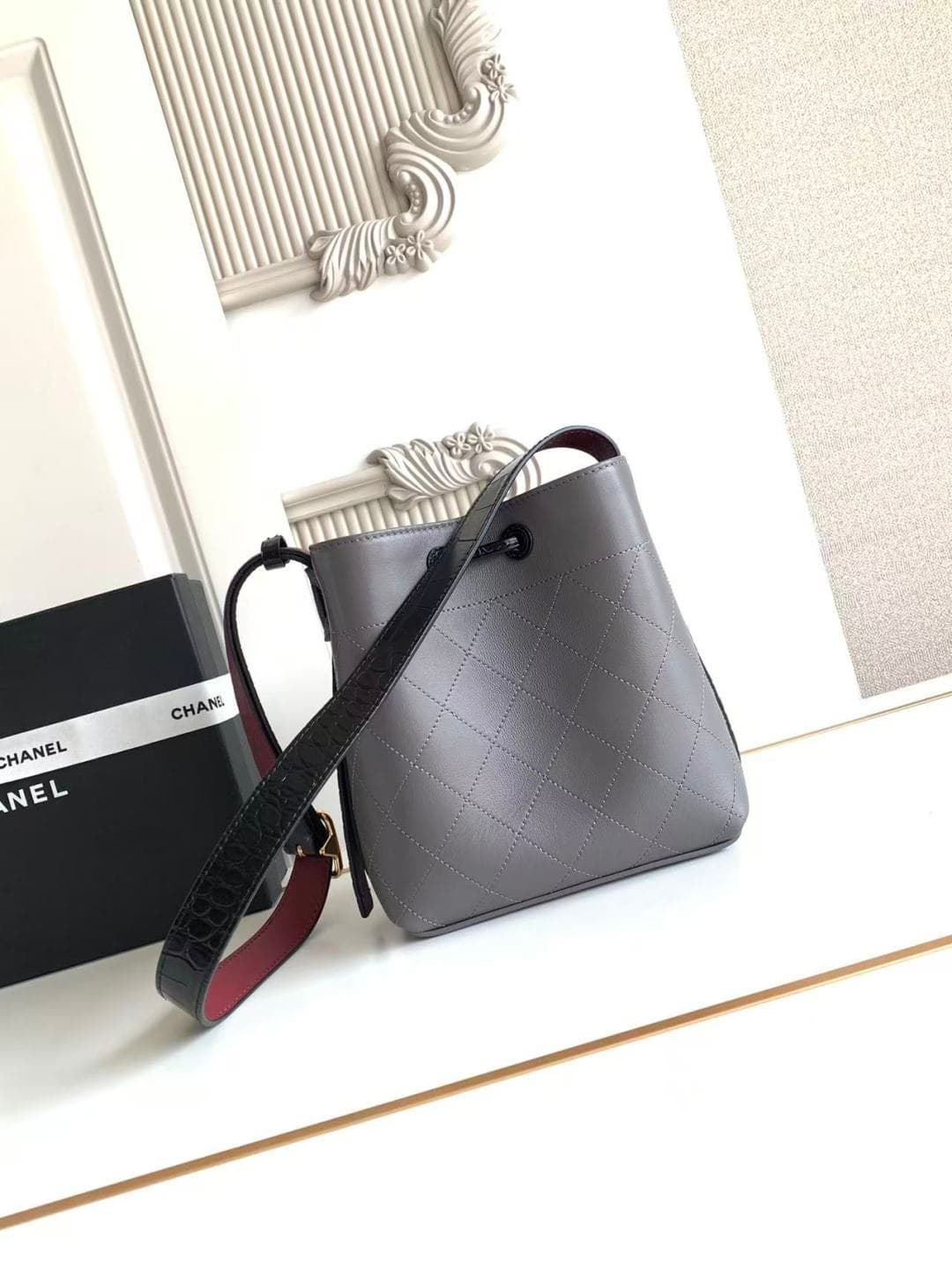 Chanel Small Bucket Bag Calfskin Leather & Gold-Tone Metal Grey AS6537 A