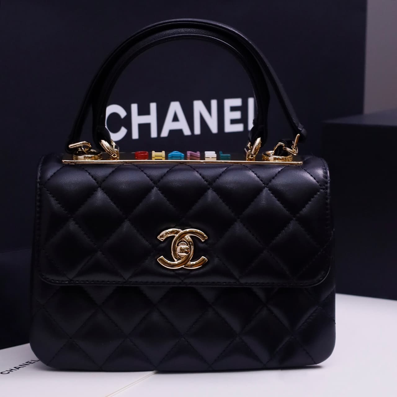 Chanel MINI FLAP BAG WITH TOP HANDLE AS4654 Lambskin &Gold-Tone Metal Black A