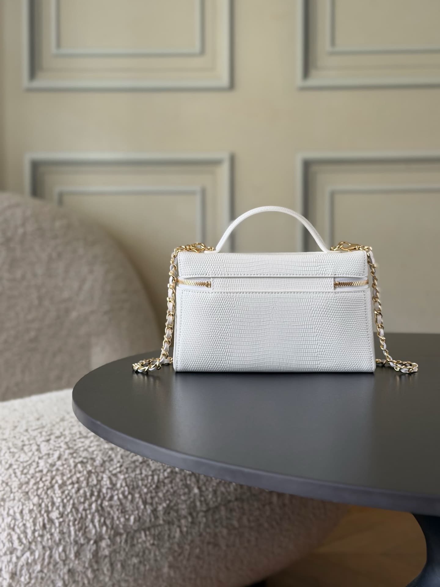 Chanel Small Vanity with chain Lizard Embossed Calfskin & Gold-Tone Metal White AS5346 A