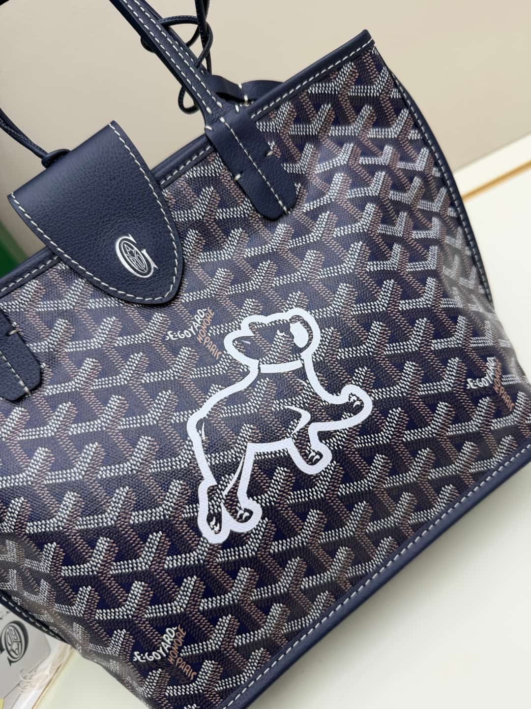 Goyard Mini Anjou Tote Goyardine Canvas with White Painted Mascot Navy Blue High