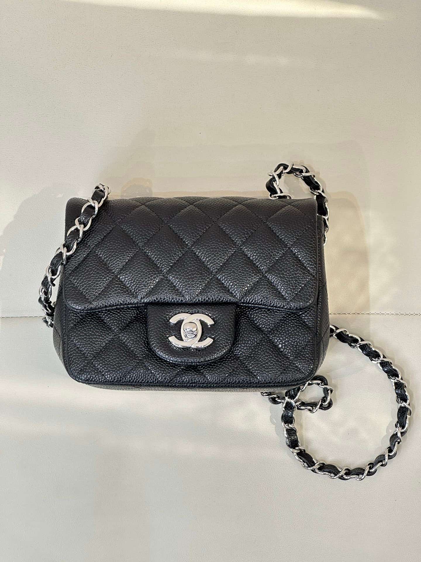 CHANEL Super Mini Classic Handbag Grained Calfskin & Silver-tone Metal A35200 Black TOP
