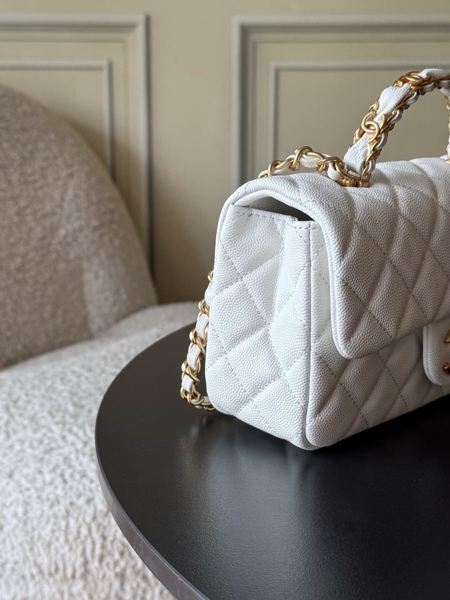 Chanel Mini Flap Bag with Top Handle Grained Shiny Calfskin & Gold-Tone Metal White AS5701 TOP