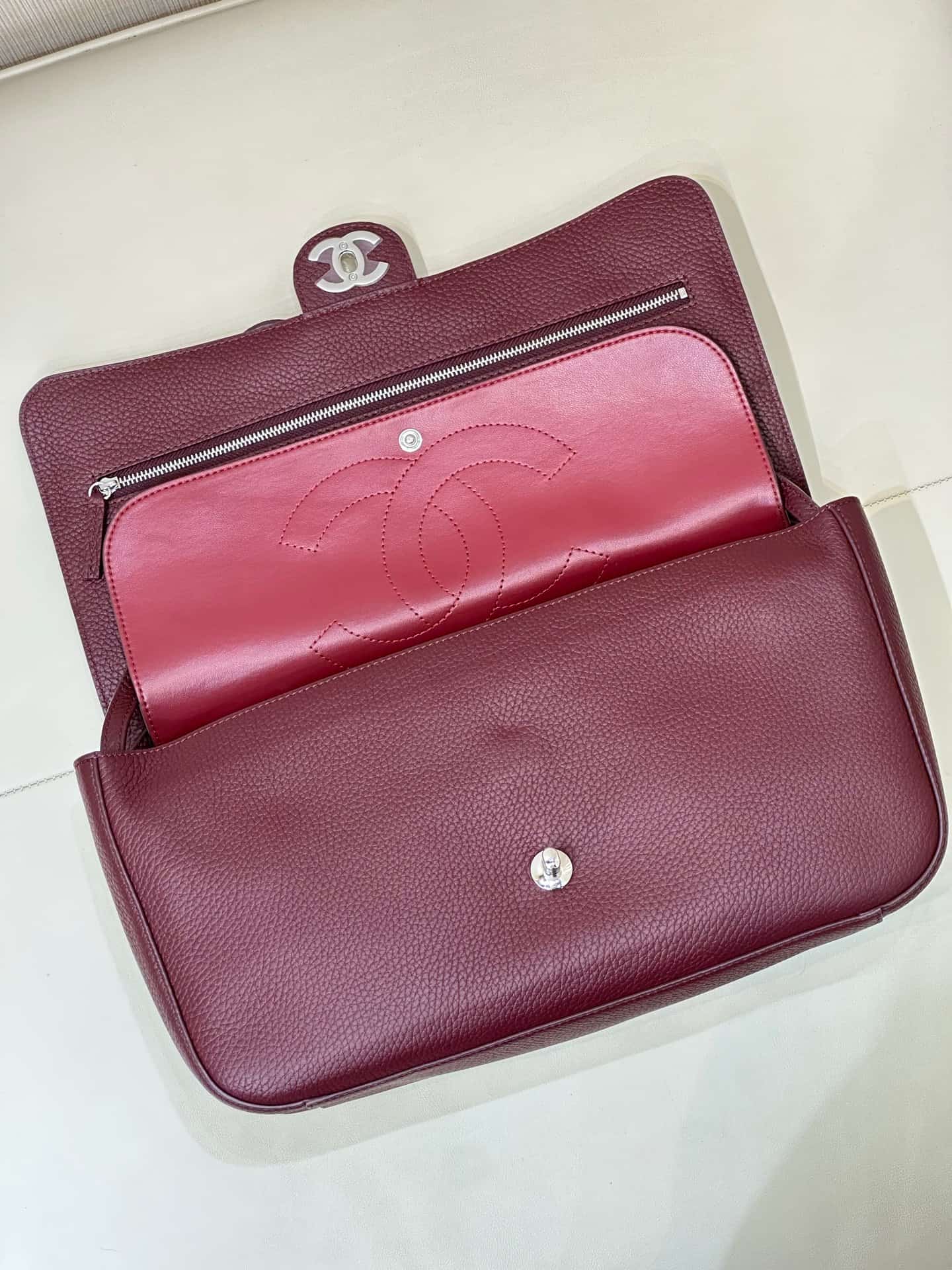 Chanel Maxi Flapbag Grained Calfskin & Silver-Tone Metal Claret AS6231 TOP