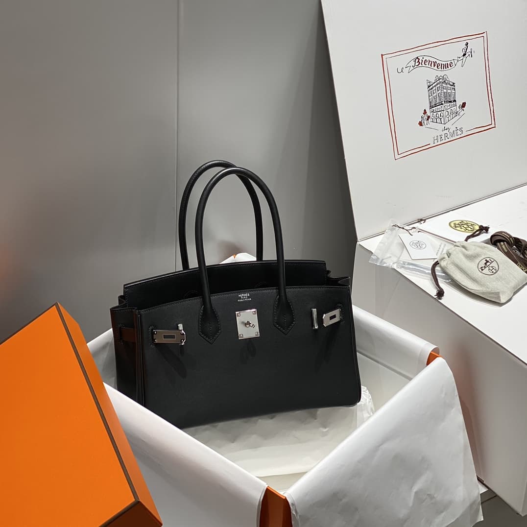 Hermes Shoulder Birkin 29 Swift leather Black & Silver Metal WAX High