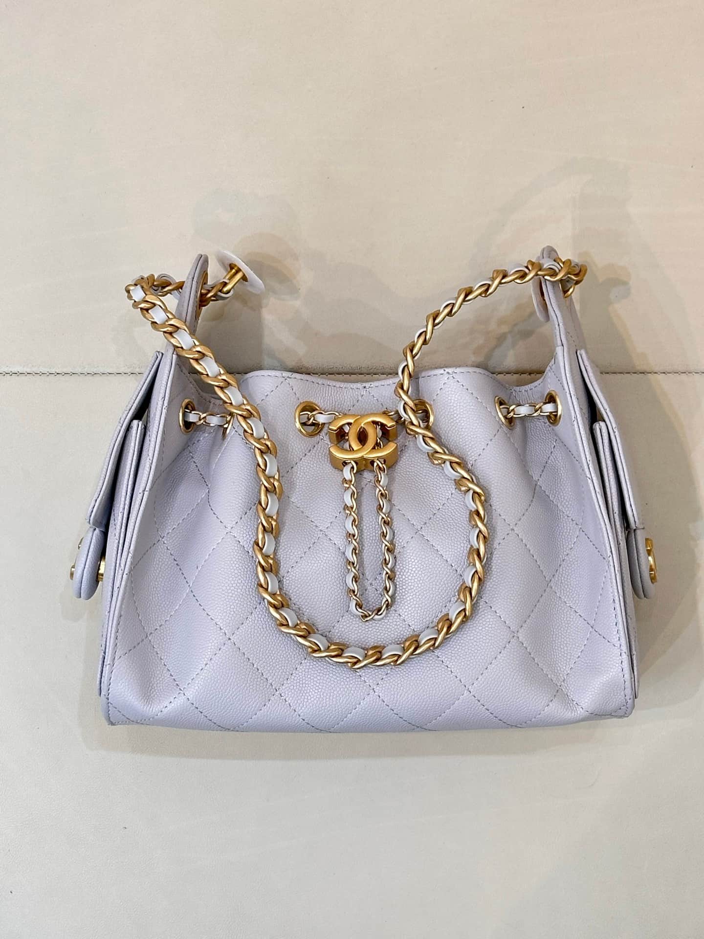 CHANEL 25 Mini Handbag AS5631 Grained Calfskin & Gold-tone Metal Light Grey TOP