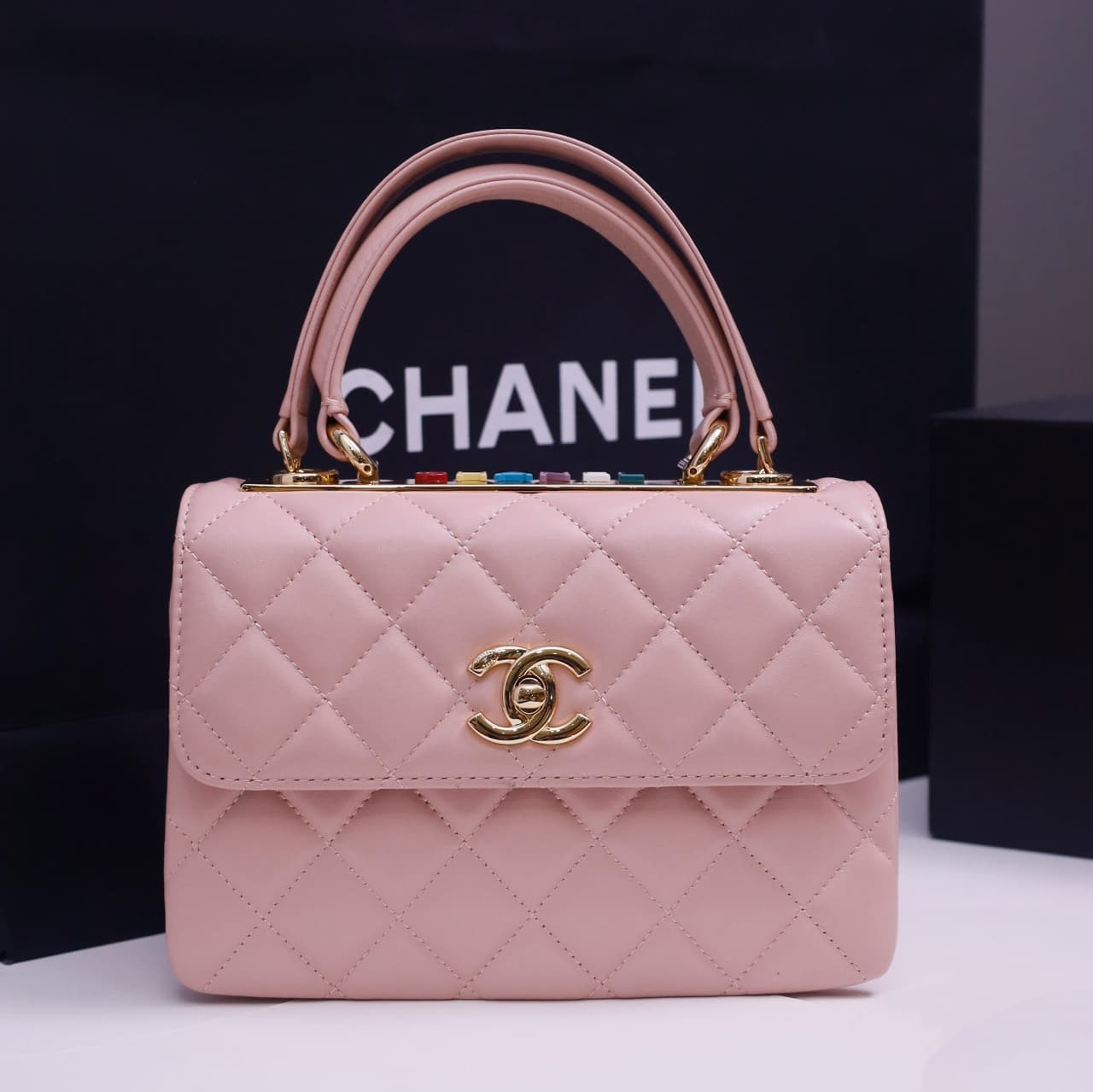 Chanel MINI FLAP BAG WITH TOP HANDLE AS4654 Lambskin &Gold-Tone Metal Pink A