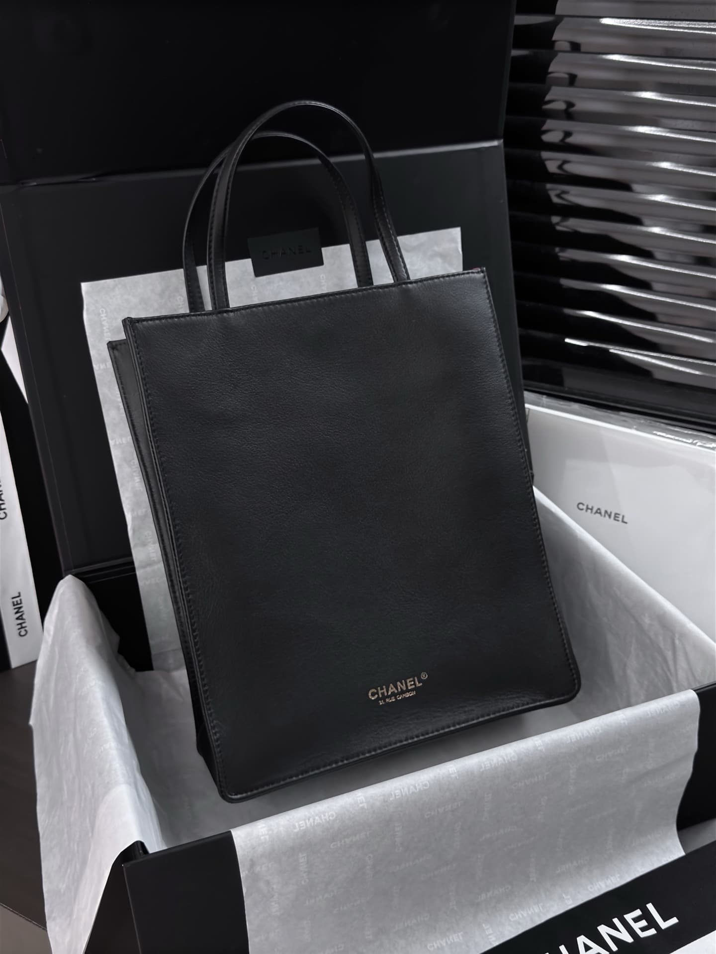 Chanel Small Shopping Bag Calfskin & Gold-Tone Metal Black AS6452 A