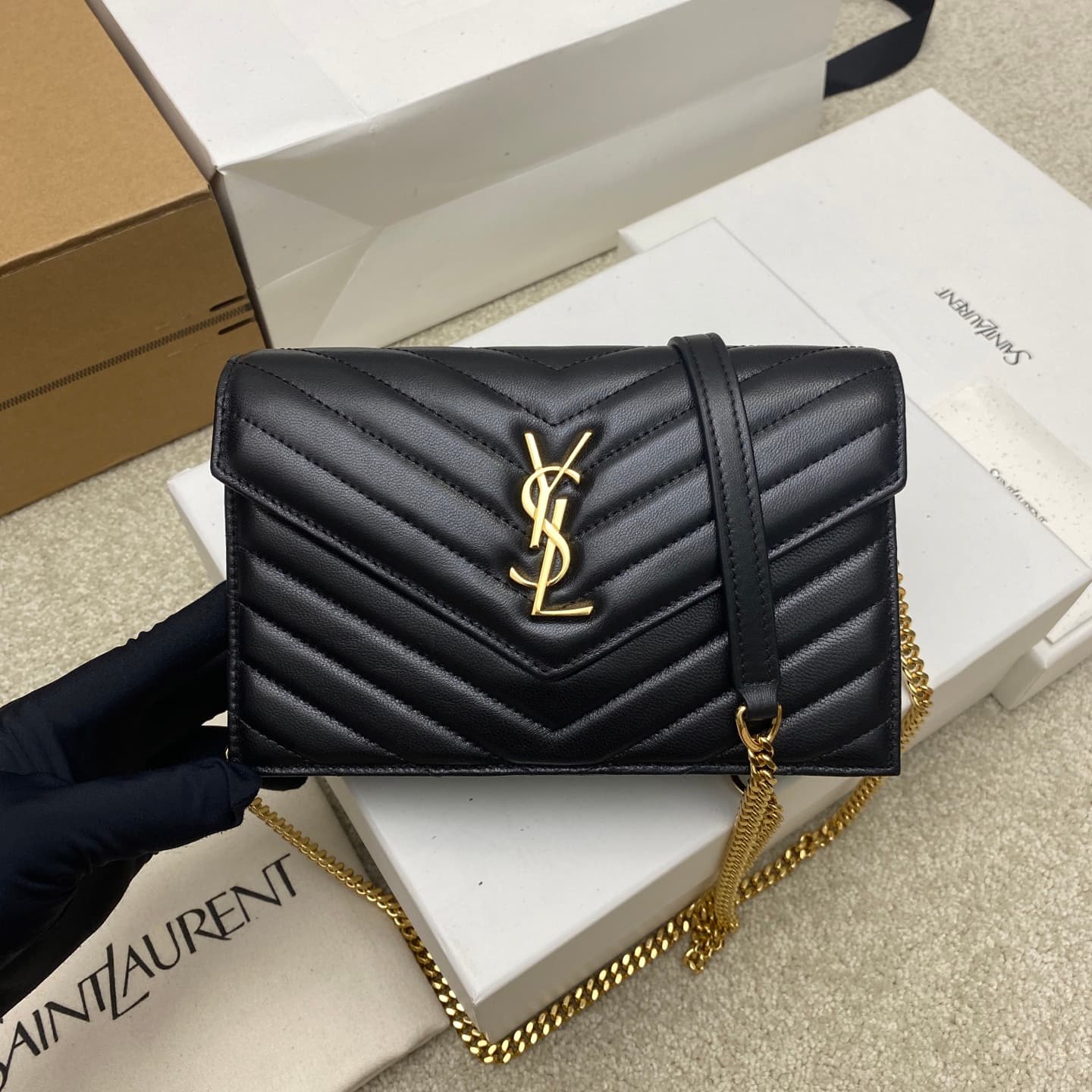 Saint Laurent Monogram Matelassé Cassandre Wallet on Chain Black Lambskin 393953 High