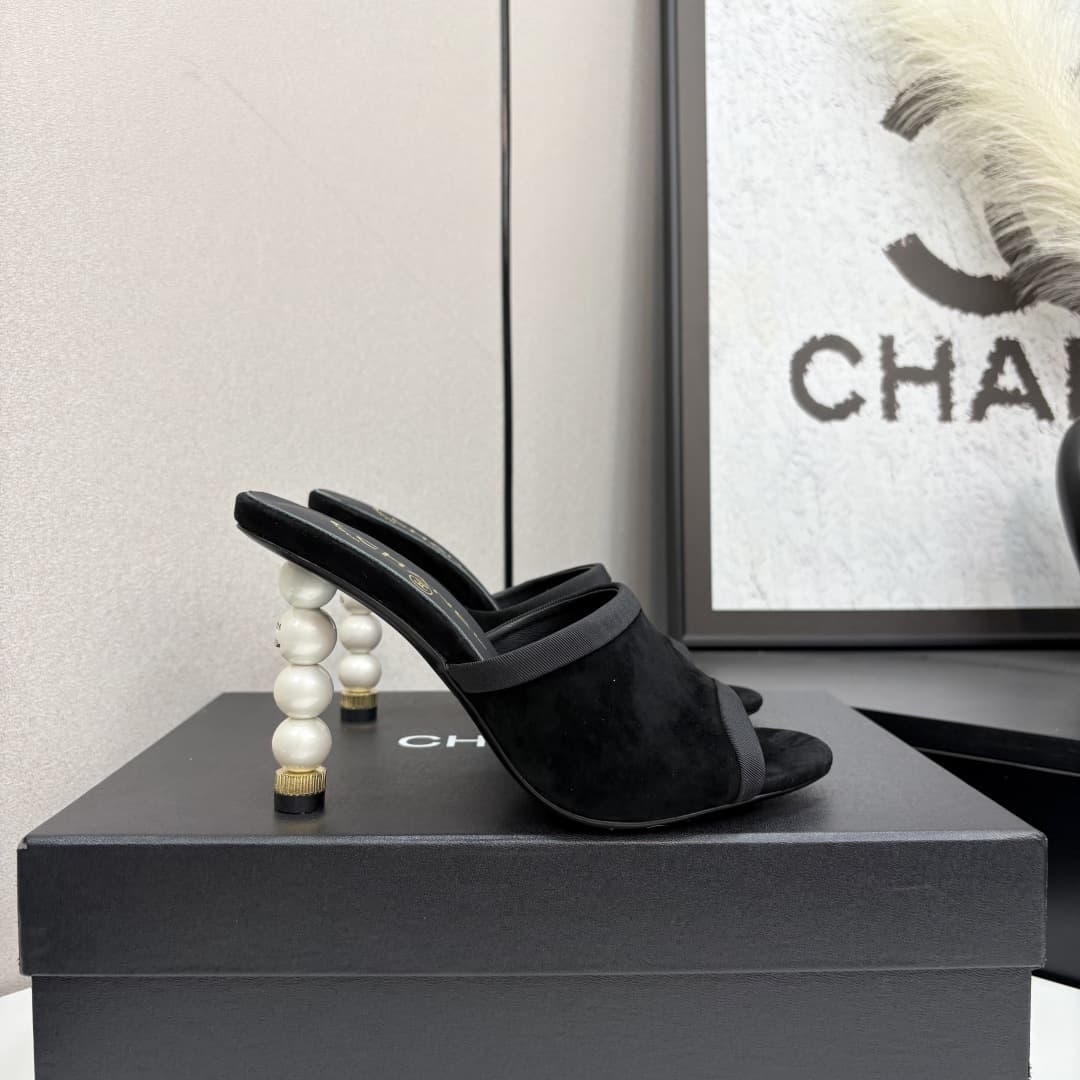 Chanel Lambskin Grosgrain Cap Toe Pearl Mule Shoes Women