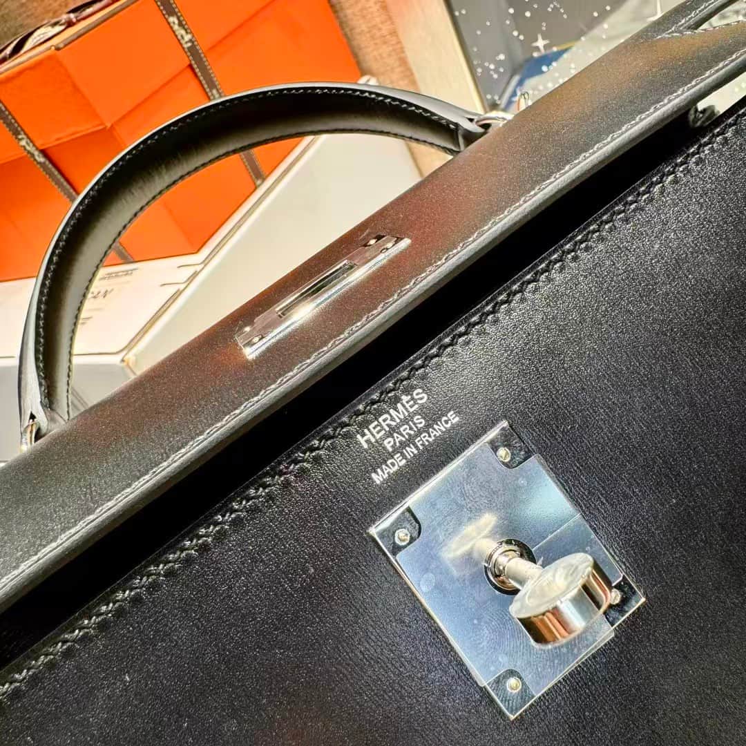 Hermes Kelly 25/28/32cm Retourne Bag Box Leather In Black WAX High Customizing style