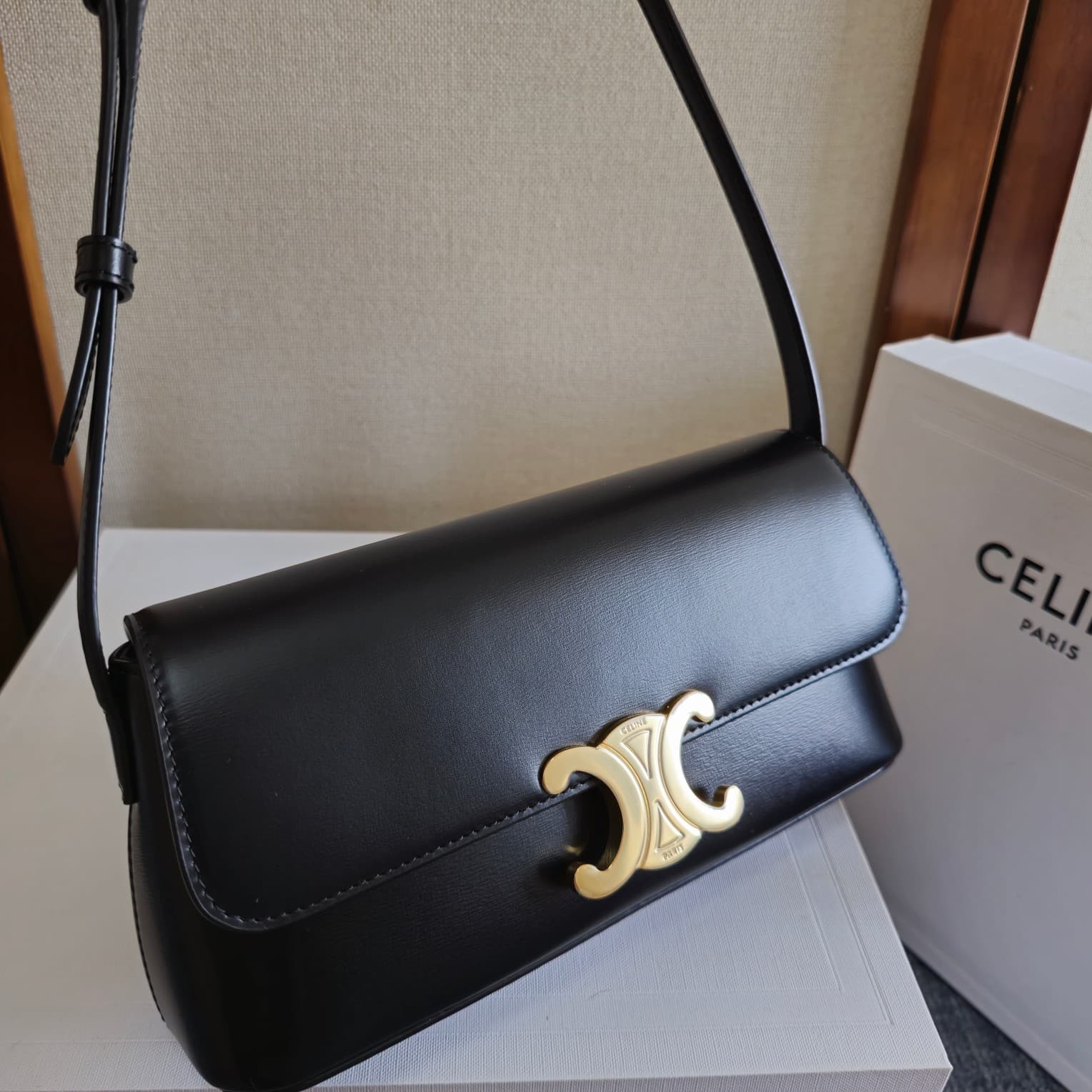 Celine Triomphe Shoulder Bag in Shiny Calfskin Black High