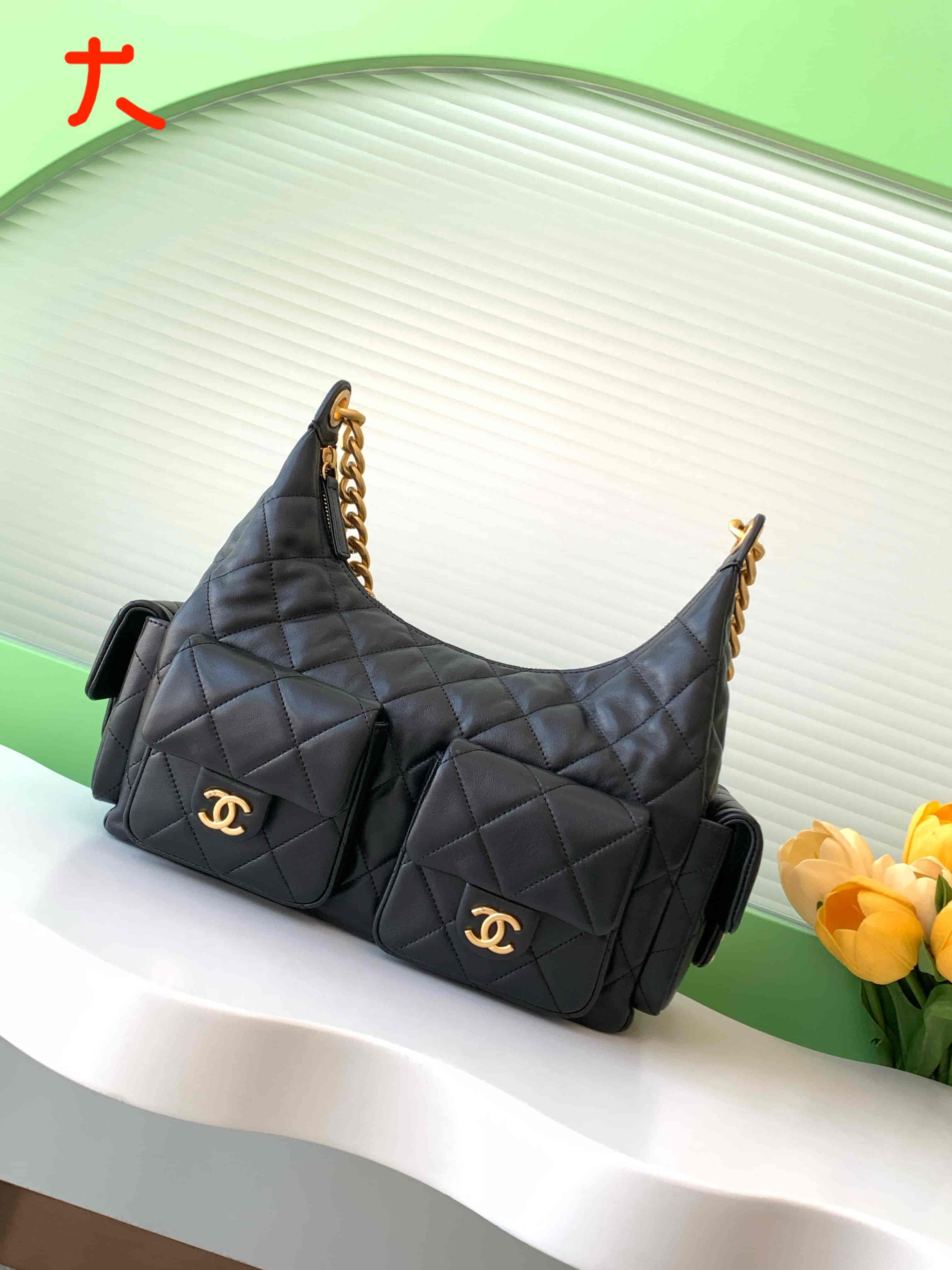 Chanel Trendy Pockets Hobo Bag Lambskin & Gold Metal Black AS5302 A