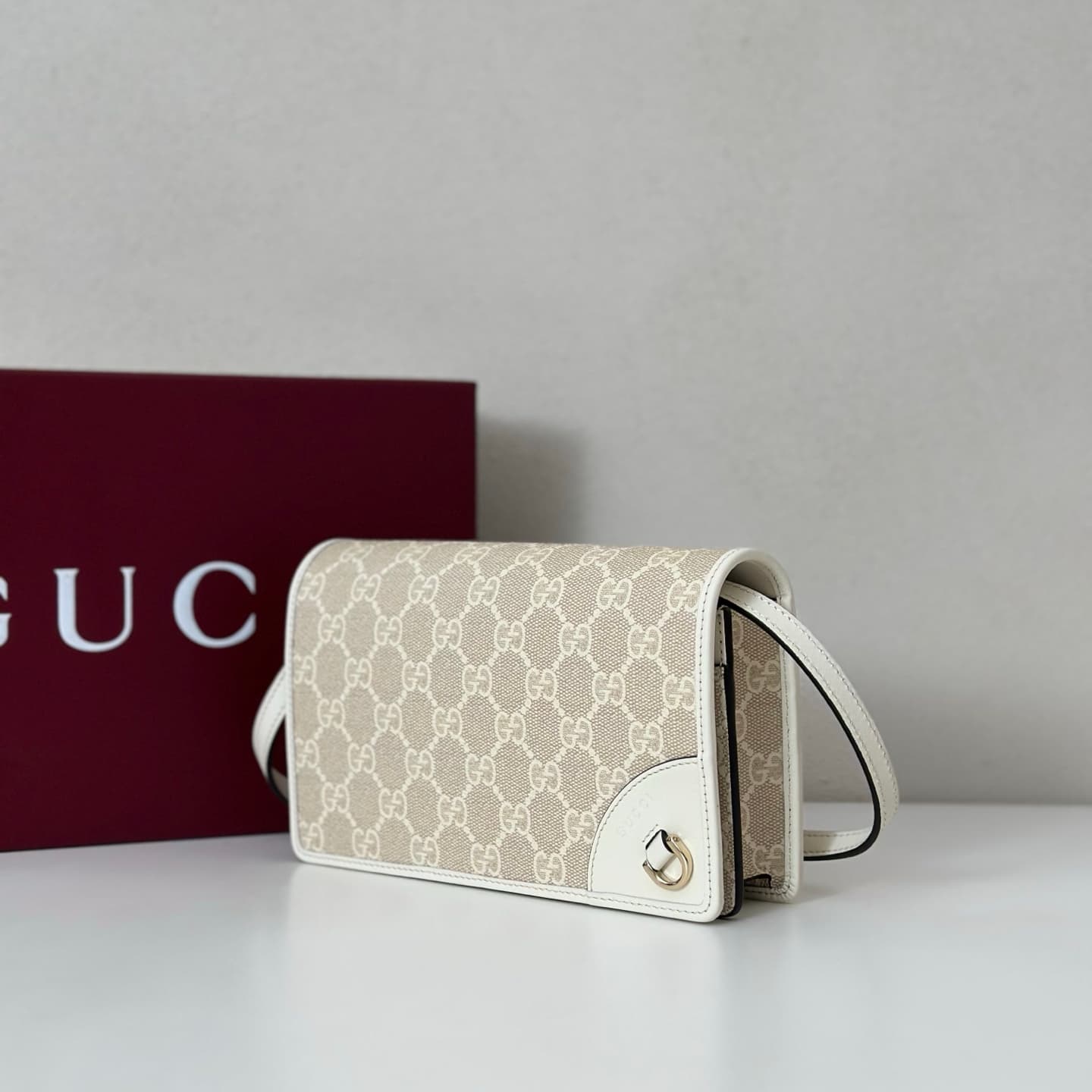Gucci GG Emblem wallet beige and white fabric with leather strap 820688 High
