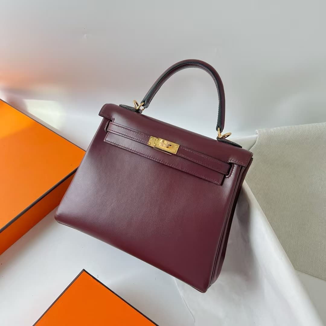 Hermes Kelly 25/28/32cm Retourne Bag Box Leather In Burgundy WAX High Customizing style