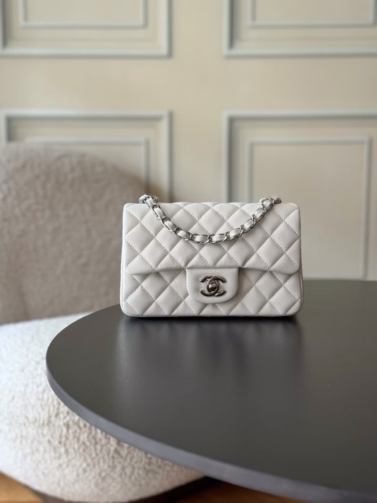 CHANEL Mini Classic Handbag Grained Calfskin & Silver-tone Metal A69900 White TOP