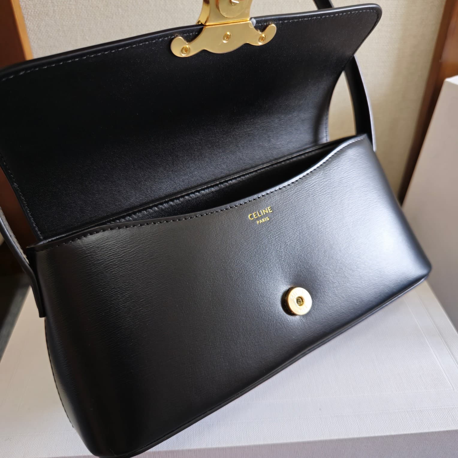Celine Triomphe Shoulder Bag in Shiny Calfskin Black High