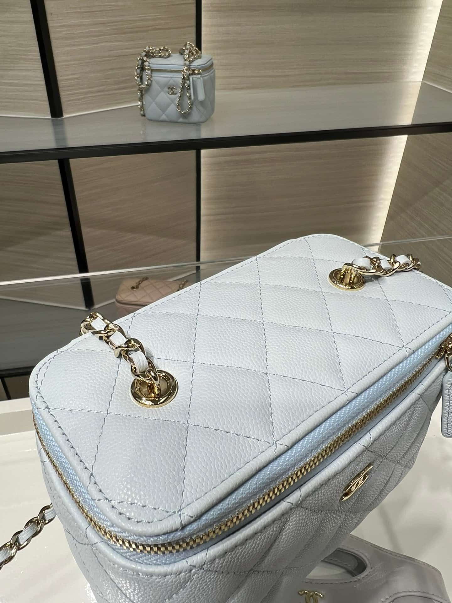 Chanel Classic Long Vanity with Chain Grained Calfskin & Gold-Tone Metal Light Blue AP1341 High