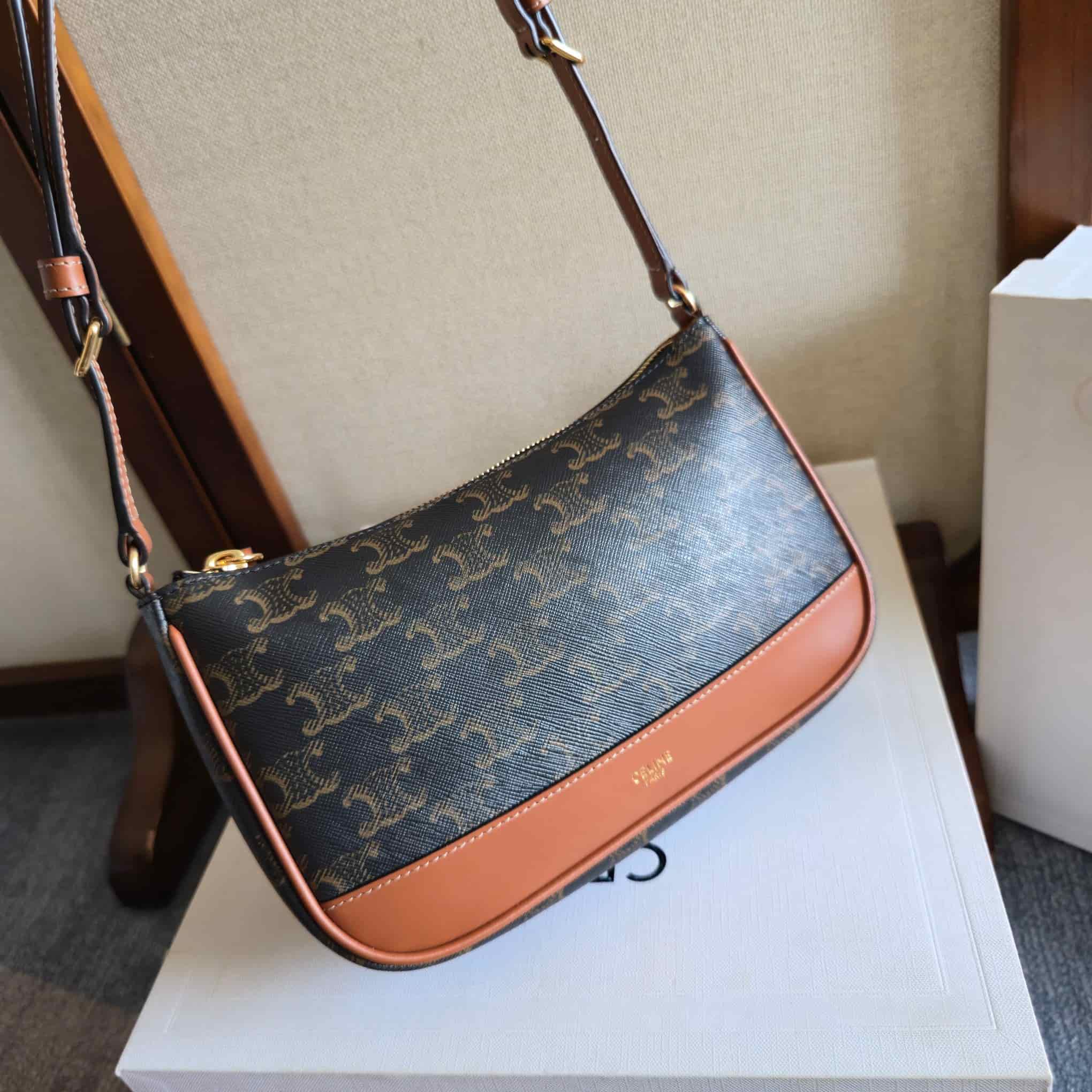 Celine Triomphe Canvas Shoulder Bag in Tan High