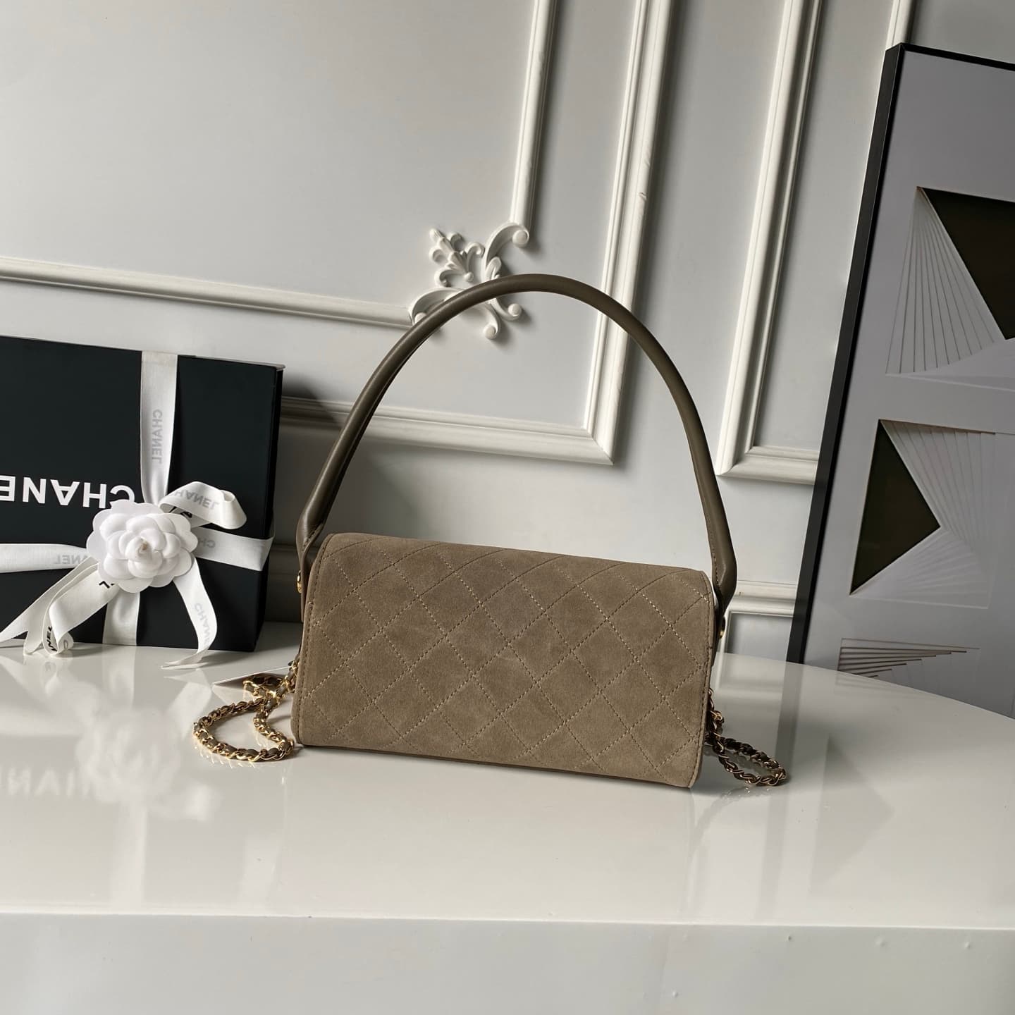 Chanel Clutch with Chain Suede & Gold-Tone Metal AP5294 Dark Beige High