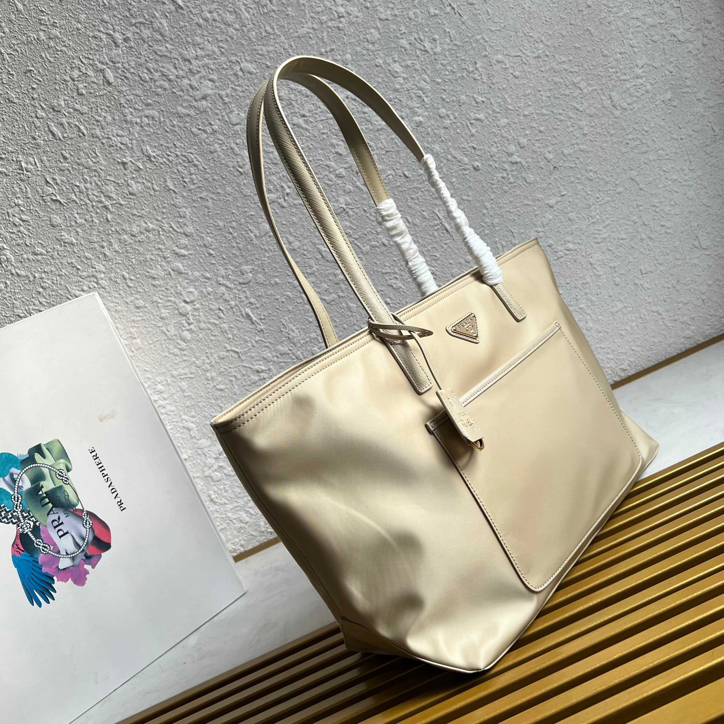 Prada Re-Edition 1978 medium Re-Nylon and Saffiano leather tote bag 1BG555 Desert Beige High